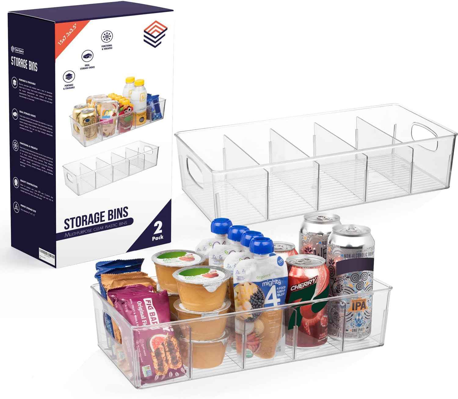 ClearSpace Plastic Pantry Organization and Storage Bins with Removable Dividers – Perfect Kitchen Organization or Kitchen Storage – Refrigerator Organizer Bins, Cabinet Organizers (2 Pack)
