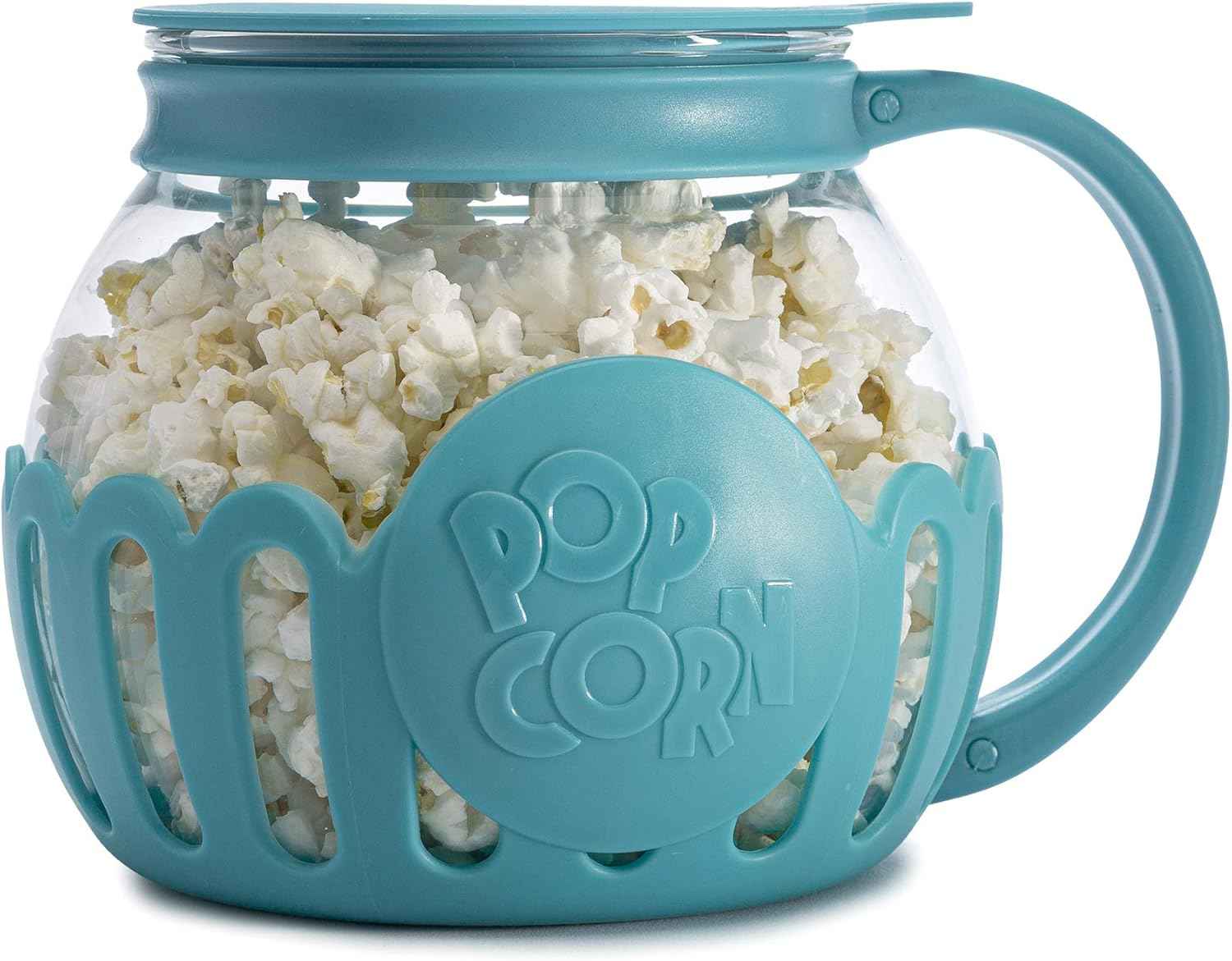 Ecolution Patented Micro-Pop Microwave Popcorn Popper with Temperature Safe Glass, 3-in-1 Lid Measures Kernels and Melts Butter, Made Without BPA, Dishwasher Safe, 1.5-Quart, Aqua