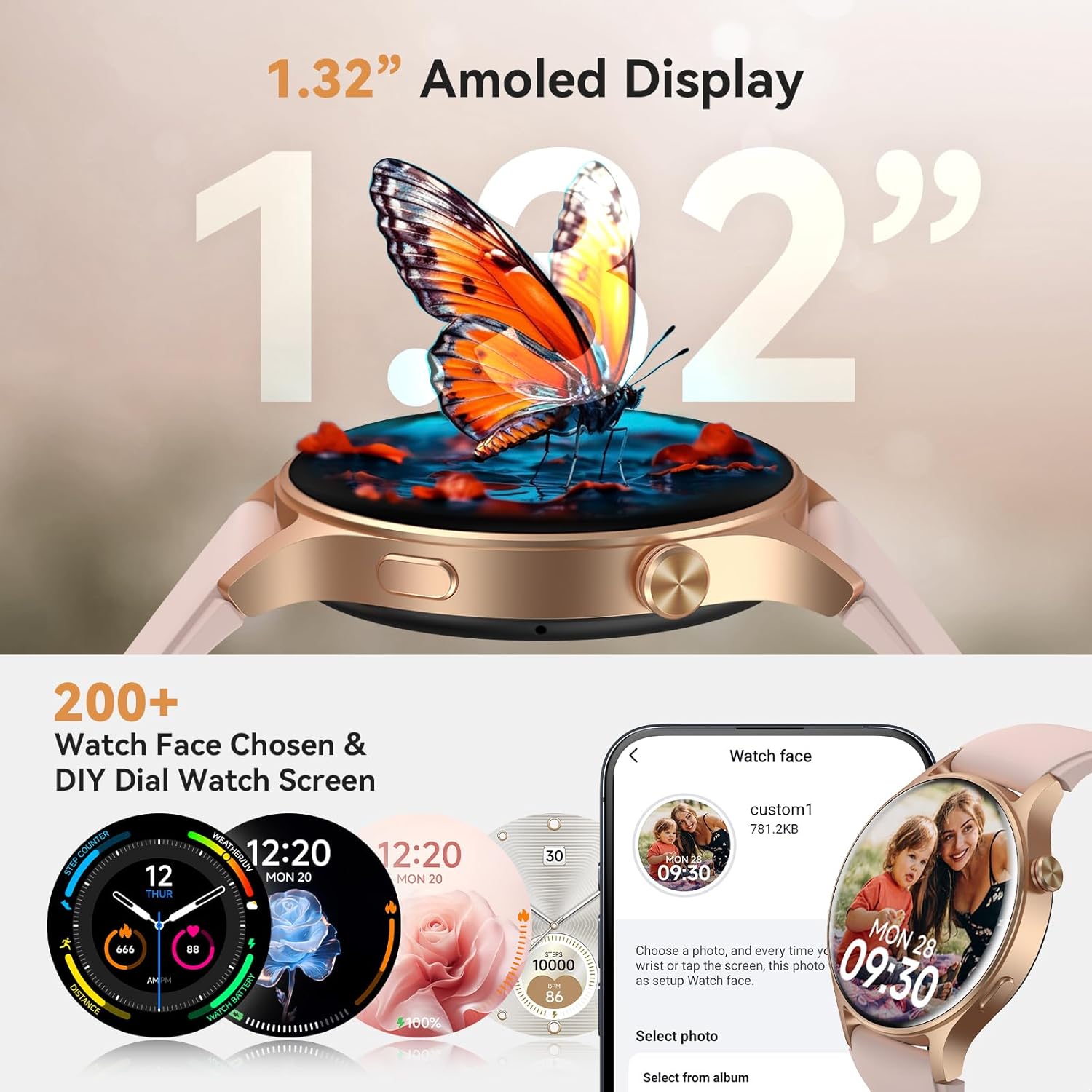 Smart Watch for Women, Answer/Make Call, 1.32'' AMOLED Ultra-Clear Screen Fitness Tracker with Heart Rate/Sleep/SpO2 Monitor, Smartwatch for iPhone/Samsung/Android, 110+ Sport Modes, 3ATM Waterproof
