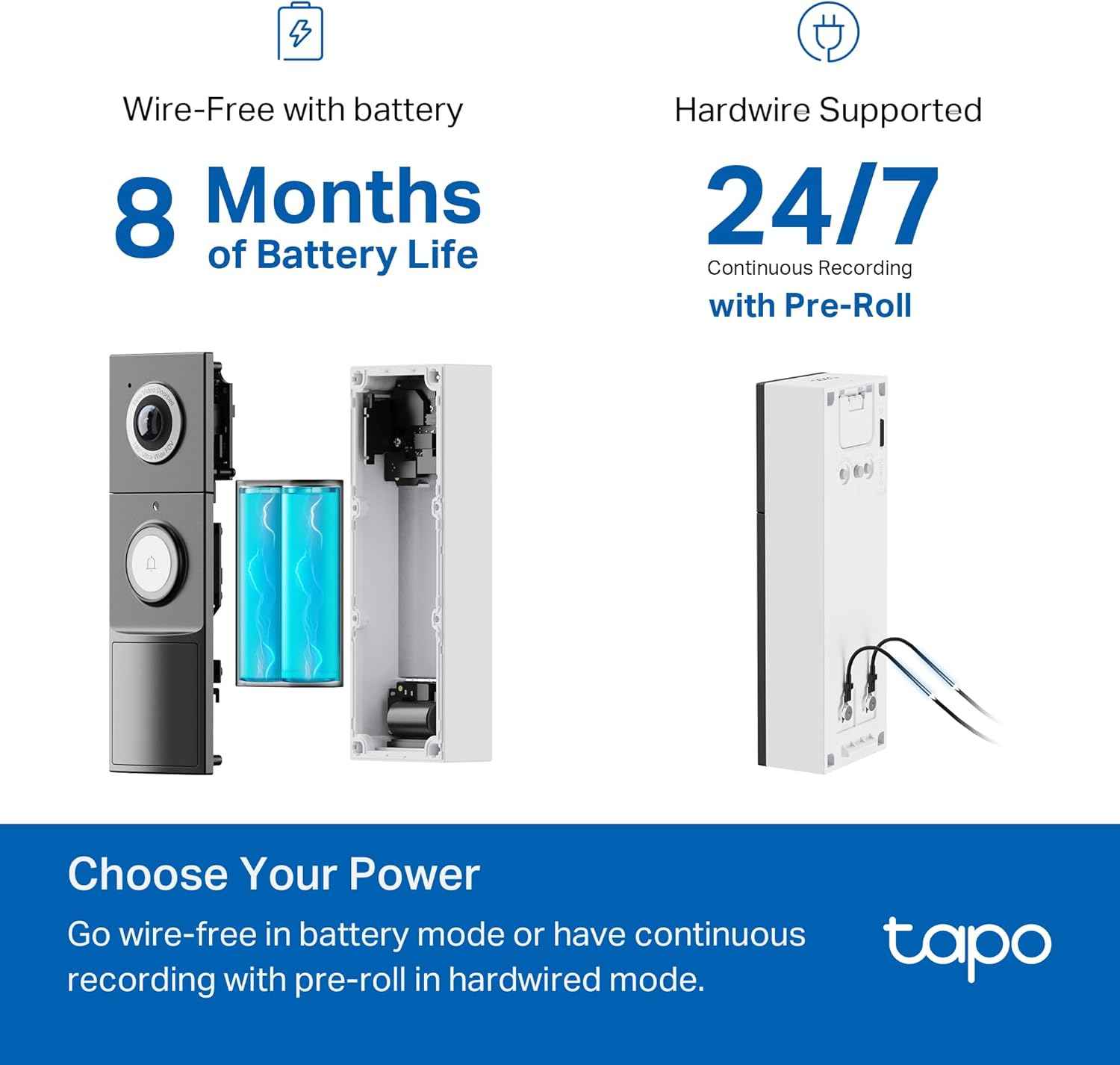 Tapo 2K+ Wired or Battery Powered Smart Video Doorbell with Chime - 180° Field of View, Person/Vehicle/Package Detection, Ring Call, 2-Way Audio, Subscription-Free Local Storage or Optional Cloud,D225
