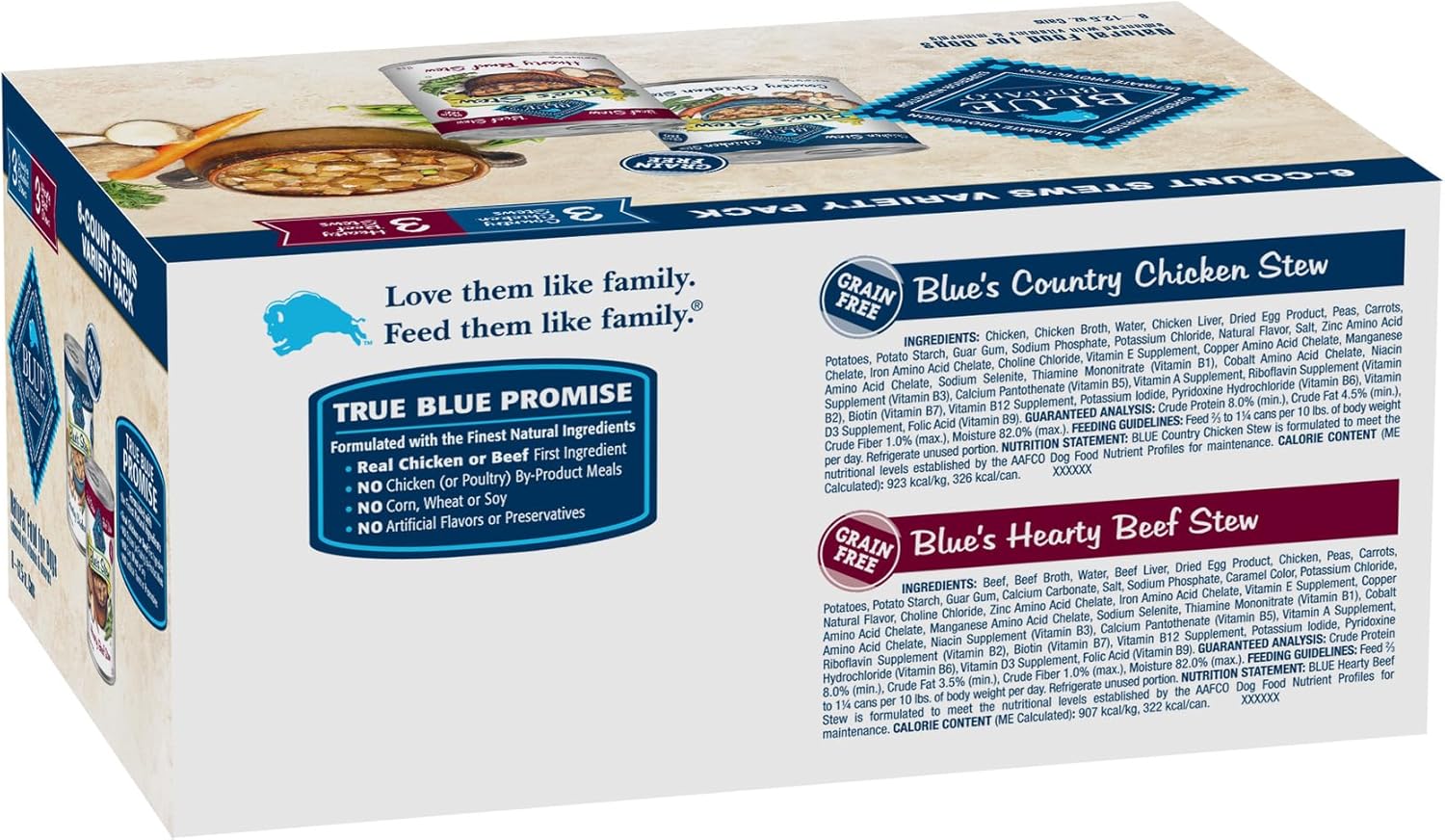 blue buffalo blue's stew grain-free wet dog food, hearty beef and country chicken variety pack, 12.5-oz cans, 6 count