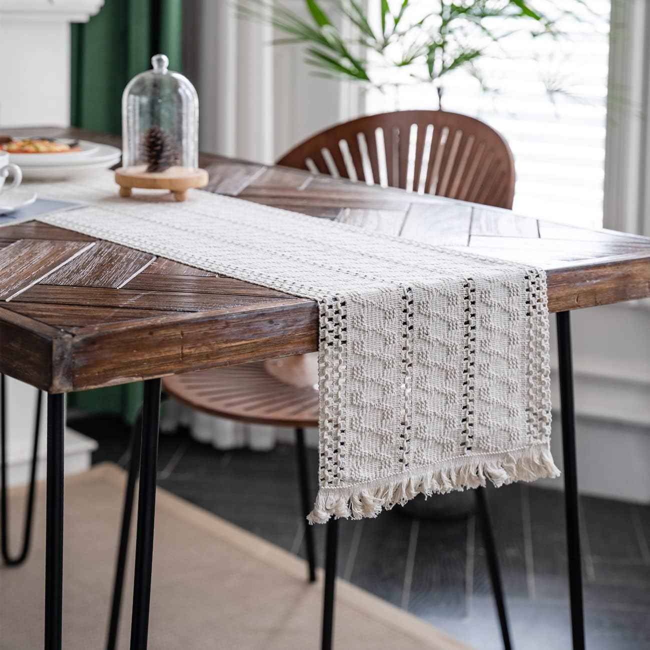 Alynsehom Macrame Table Runner Cream Beige Boho Table Runners with Tassels Hand Woven Cotton Table Runner Rustic Farmhouse Table Runners for Bohemian Kitchen Dining Table(12x71in)