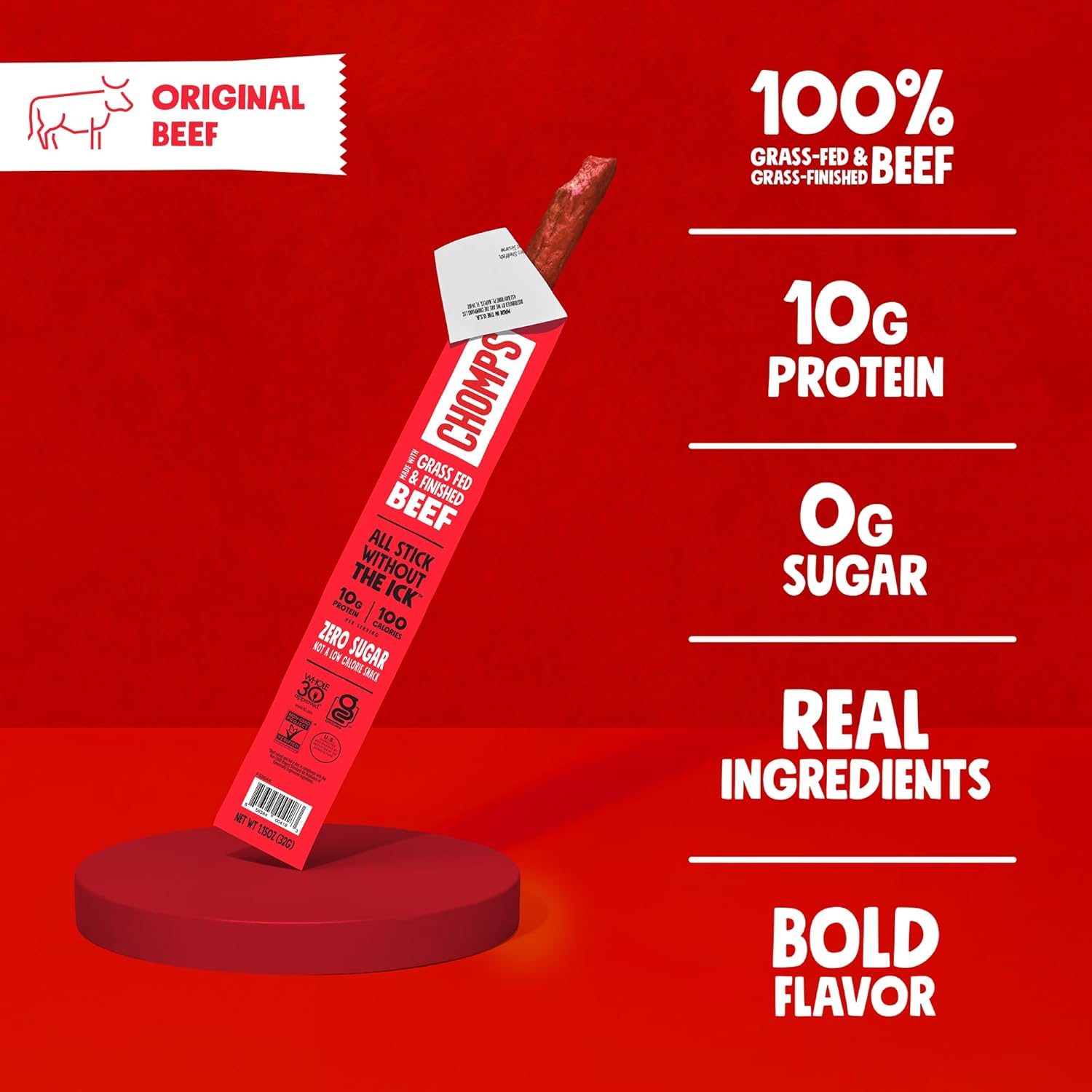 Chomps 10-pack grass-fed beef jerky snack sticks, keto, paleo, whole30, 10g protein, zero sugar, gluten-free