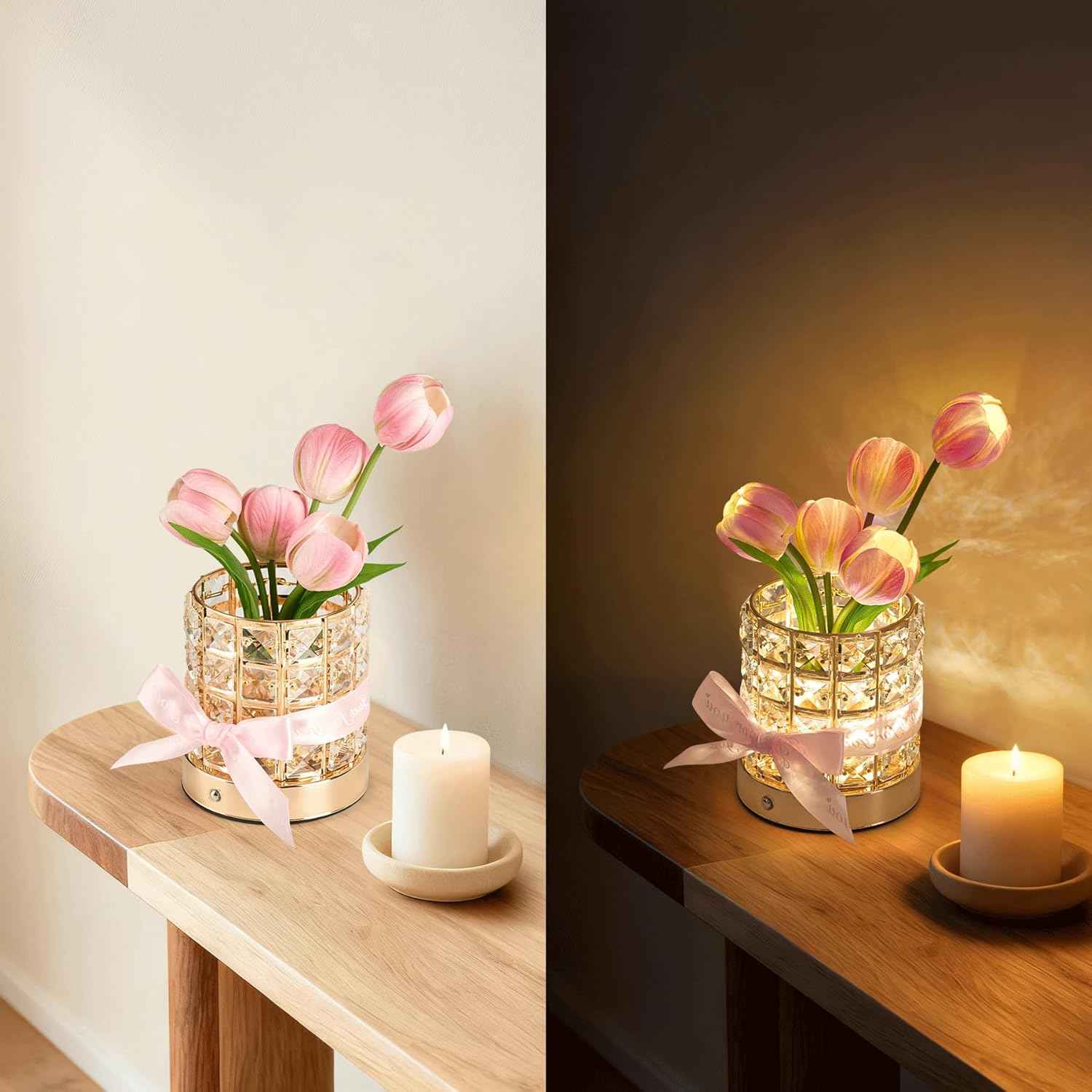 Tulip Flower Lamp, Valentine’s Day Gifts for Women, Romantic Home Decor Flower Gift for Girlfriend Wife, Rechargeable Cordless Touch Table Lamp, 3 Color Infinitely Dimming Night Light