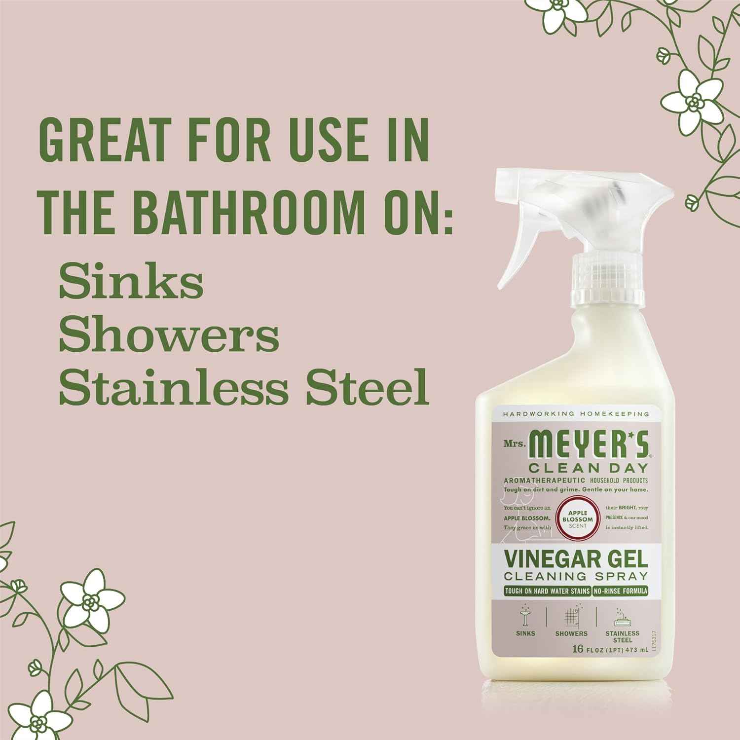 MRS. MEYER'S CLEAN DAY Vinegar Gel Cleaning Spray, Bathroom Use, No-Rinse Formula, Apple Blossom, 16 Fl Oz, Pack of 1