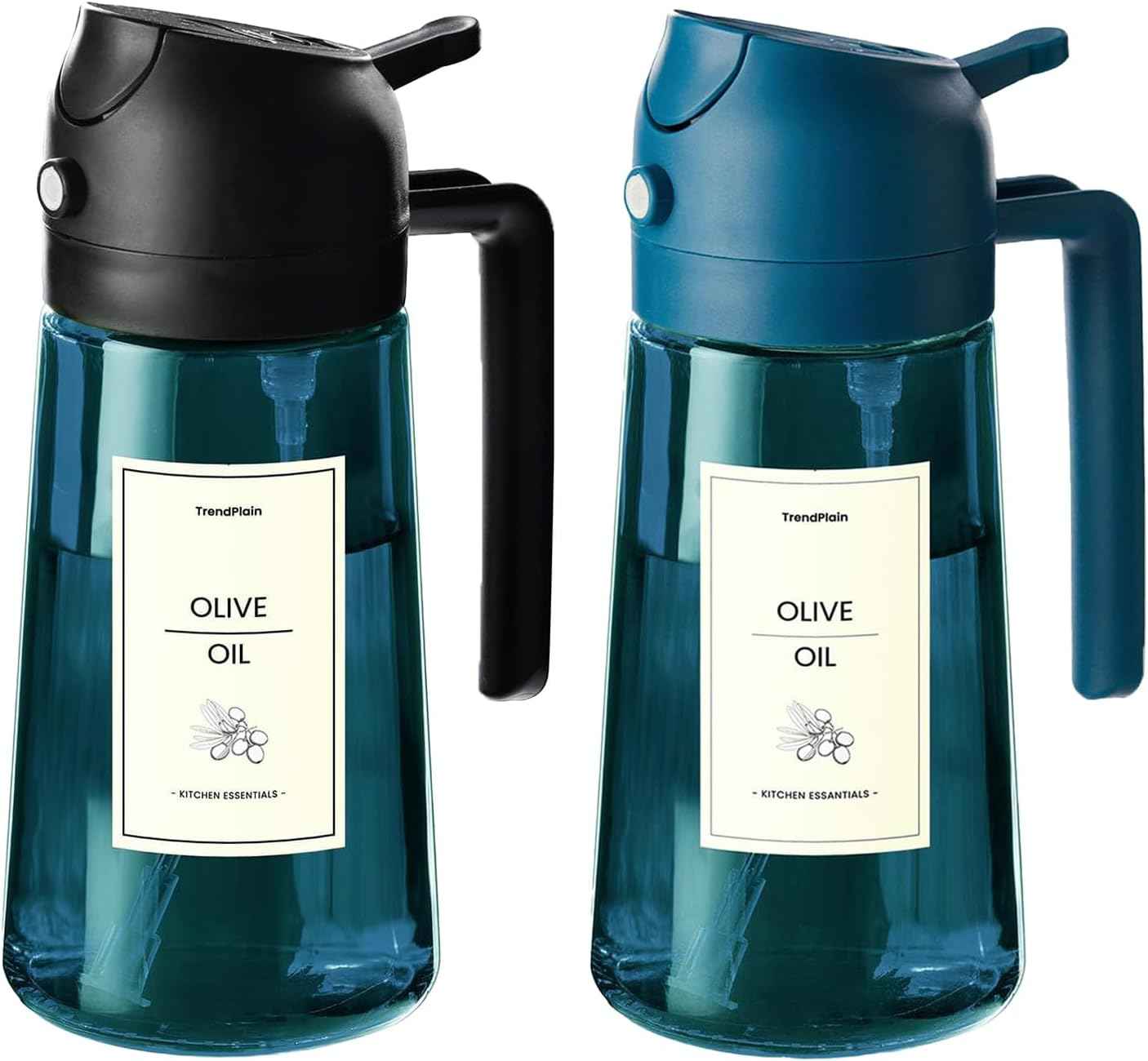 TrendPlain 16oz/470ml Blue Glass Olive Oil Sprayer for Cooking - 2 in 1 Olive Oil Dispenser for Kitchen Gadgets, Air Fryer, Salad, and BBQ - Navy