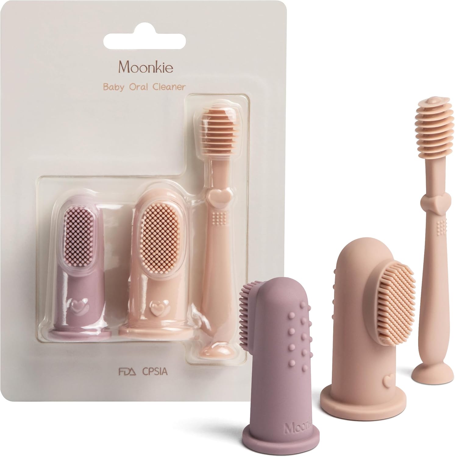 Moonkie Baby Finger Toothbrush Tongue Oral Cleaner Kit for 3 Months +, 3 Pcs, Blush/Pale Mauve/Blush Soft Touch Design
