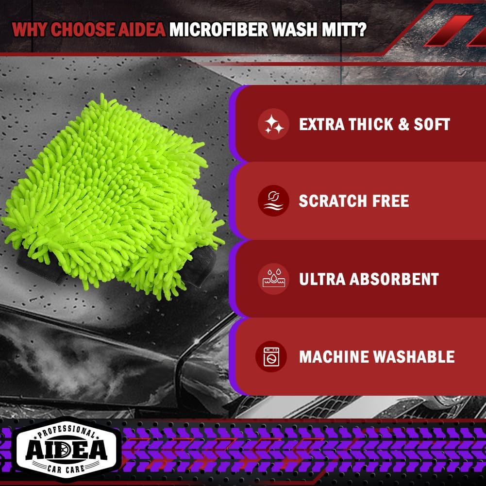 AIDEA 2PK Premium Chenille Microfiber Car Wash Mitts, Green, 7.12''x10.14''