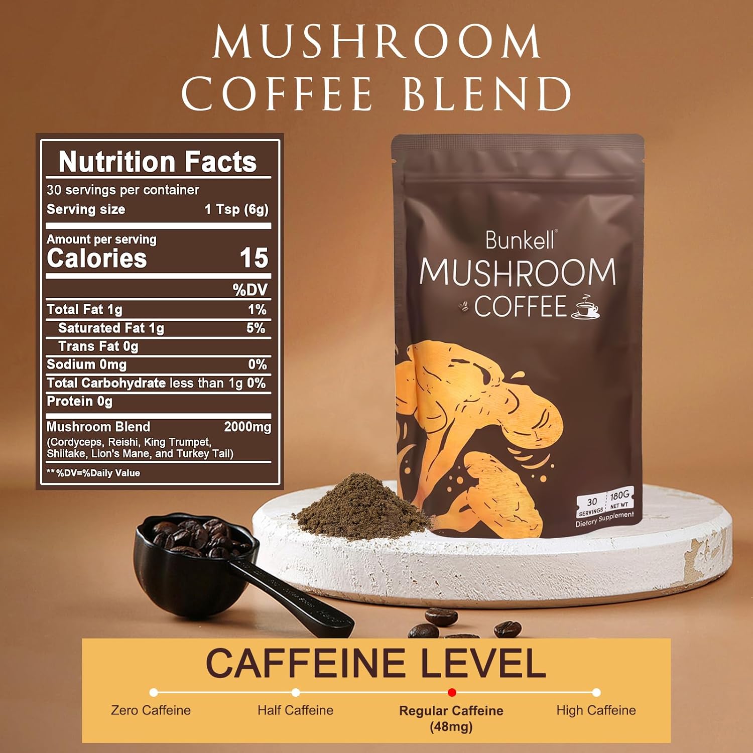 mushroom coffee, adaptogenic 6 mushrooms with lion's mane, reishi, cordyceps, shiitake, king trumpet & turkey tail, instant coffee powder for energy, digestion & immune support, 30 servings