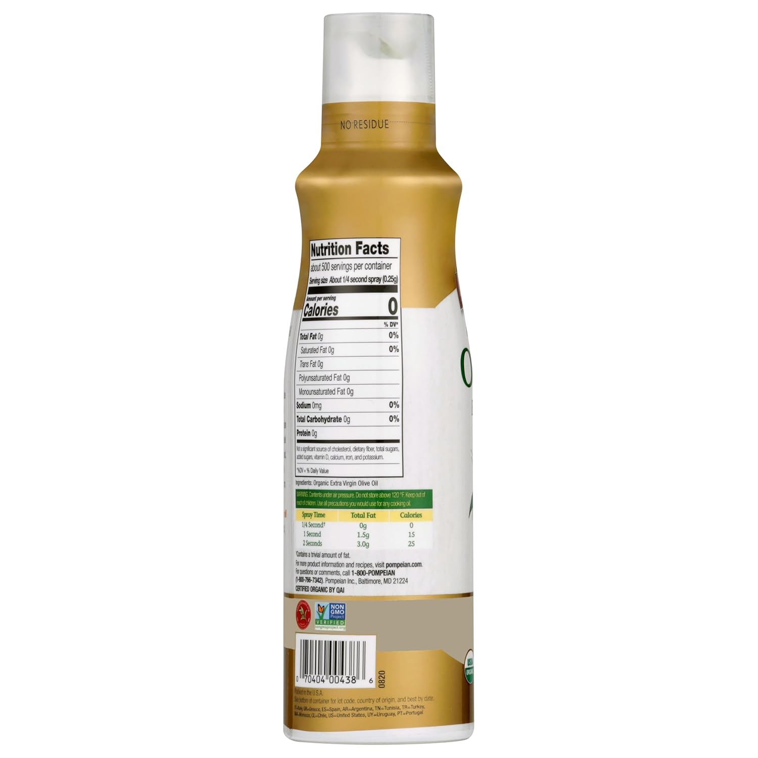 Pompeian USDA Organic Extra Virgin Olive Oil Non-Stick Spray, No Propellant, 5 Fl Oz, Pack of 3