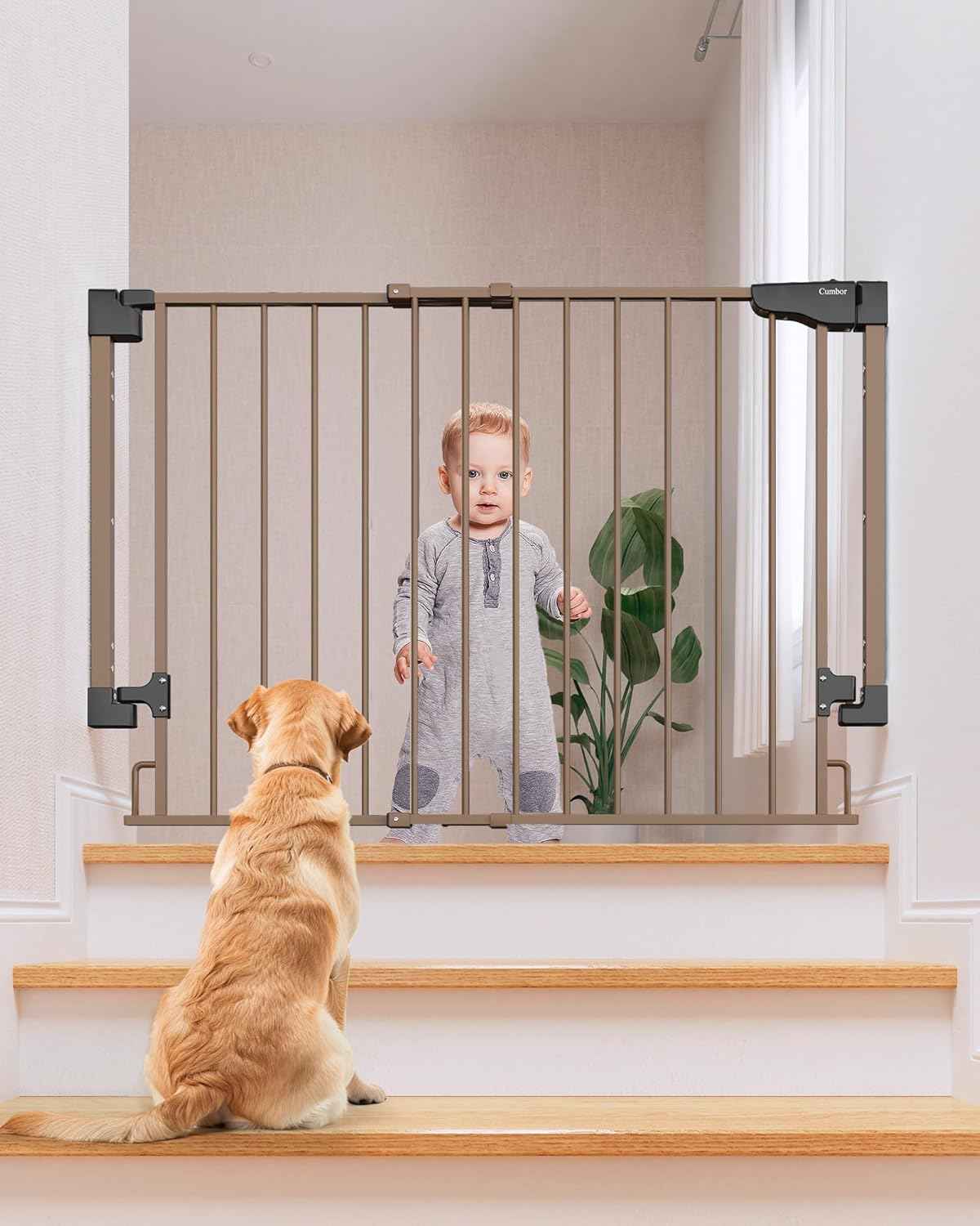 Cumbor 29.2–43" Baby Gate for Stairs, Wall-Mounted (Drill Required), Expandable No Bottom Bar Dog Gate, Auto Close Extra Wide Walk Thru, Pet & Toddler Proof Gate, Top & Bottom of Stairways (White)