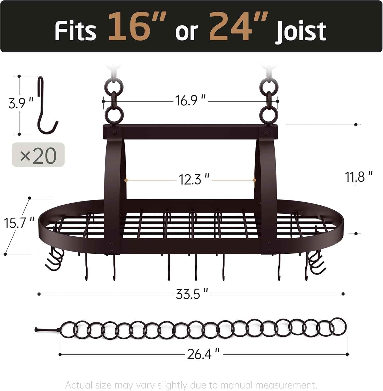 KES 34 Inch Oiled Bronze Hanging Pot Rack, Heavy Duty Oval Pot and Pan Hanging Rack Ceiling Mount, Pot Pan Hangers for Kitchen with 20 Hooks, (For 16" and 24" Joist Mount), KUR221S85-OB