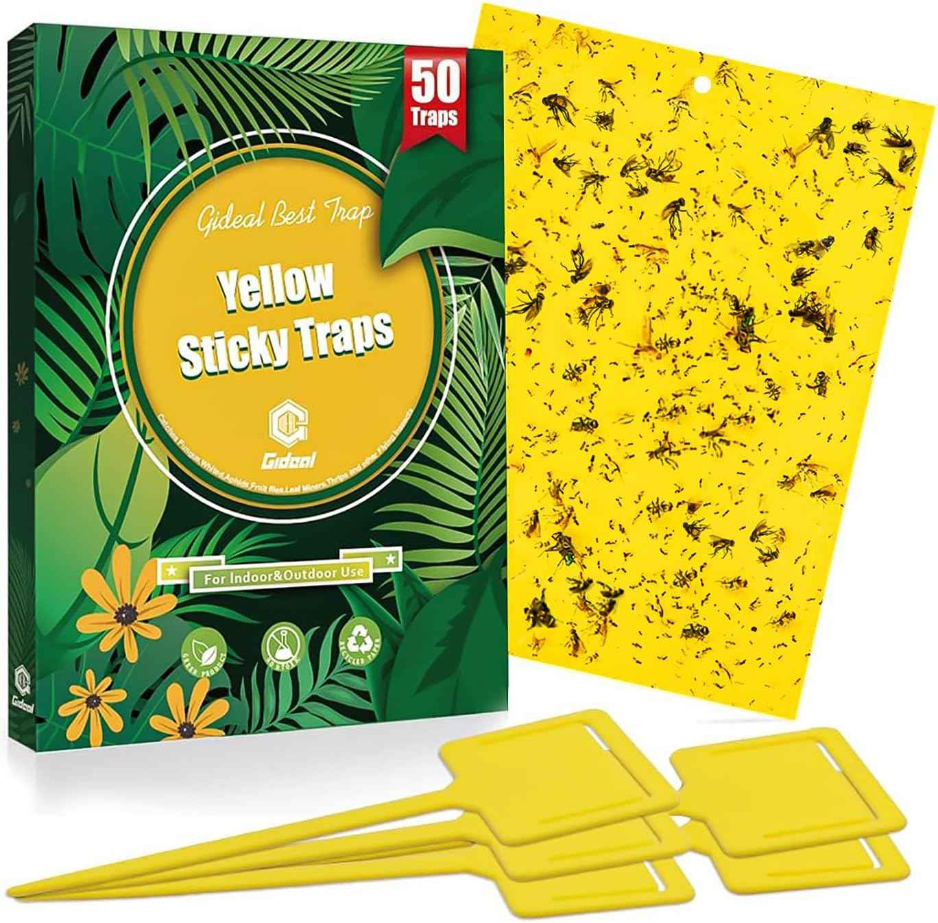 Gideal 20-Pack Dual-Sided Yellow Sticky Traps for Flying Plant Insect Such as Fungus Gnats, Whiteflies, Aphids, Leafminers,Thrips - (6x8 Inches, Included 20pcs Twist Ties)