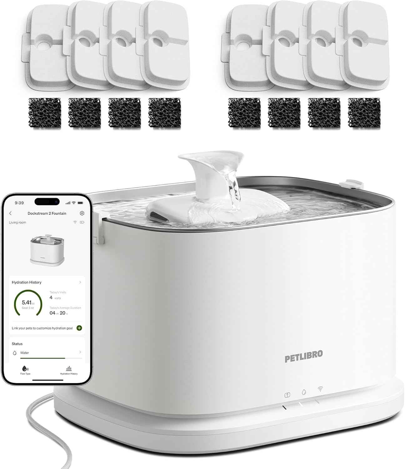 PETLIBRO Upgrade Cat Water Fountain Stainless Steel Tray, Dockstream 2 Cat Fountain Indoor, 3L/101oz Auto Cat Fountains for Drinking, App Monitoring Pet Water Fountain Dog, 5G WiFi Cat Water Dispenser