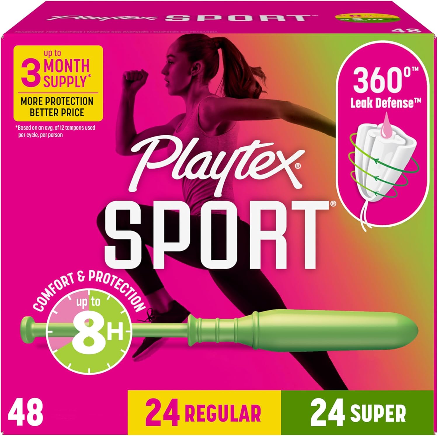Playtex Sport Tampons Multipack, 48ct, Regular and Super, Fragrance-Free, 360 Leak Defense, Feminine Care