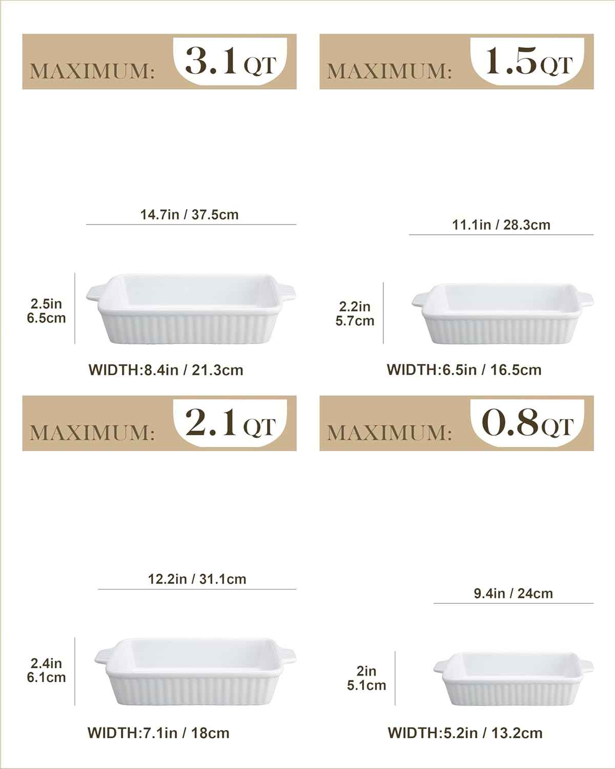 MALACASA Casserole Dishes for Oven, Porcelain Baking Dishes, Ceramic Bakeware Sets of 4, Rectangular Lasagna Pans Deep with Handles for Baking Cake Kitchen, White (9.4"/11.1"/12.2"/14.7"), Series