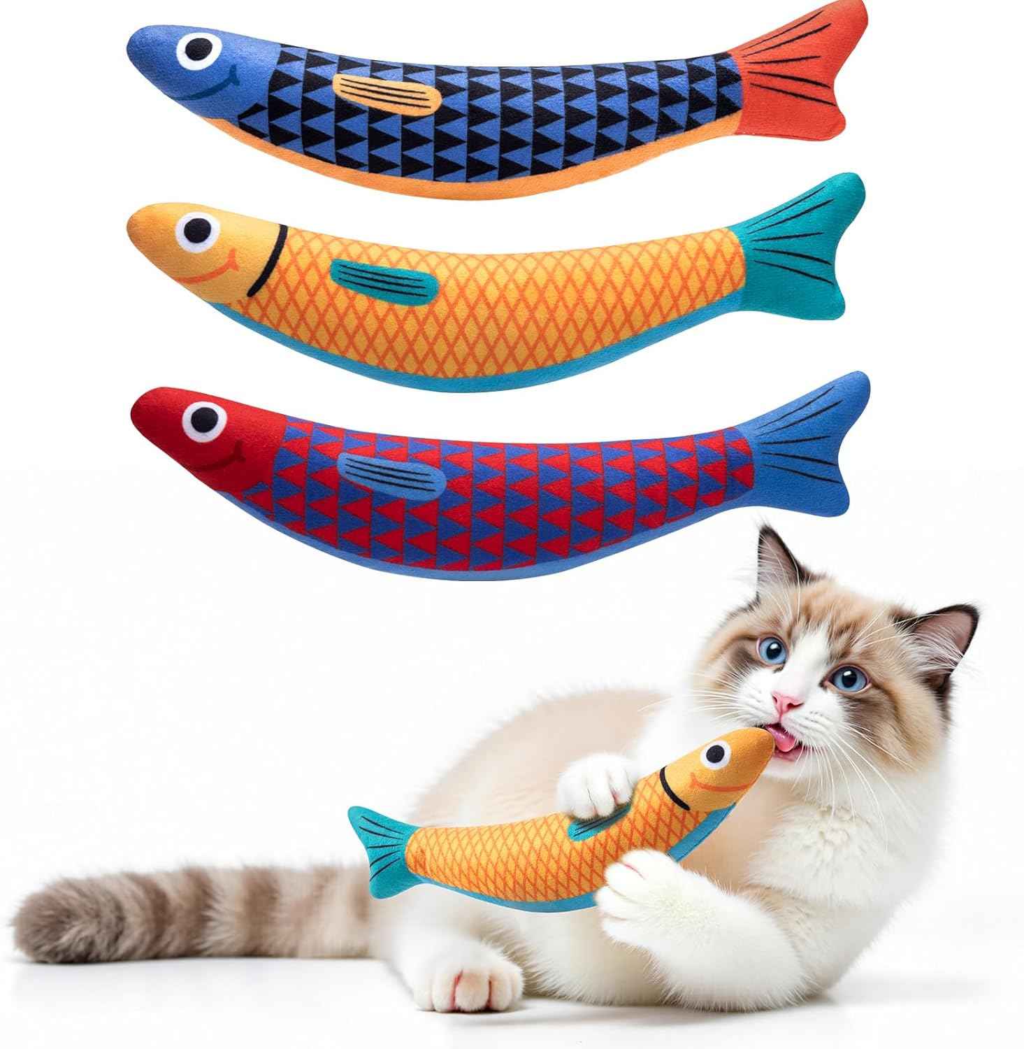 Cat Toys with[5000mg A+Natural Catnip &Silvervine] [Baby Grade] Interactive Soft Chew Kicker Cat Toys for Indoor Cats & Kittens, [Crinkle &Bell] Fish Sound Toy, Drives Bored Cat Crazy with Fun