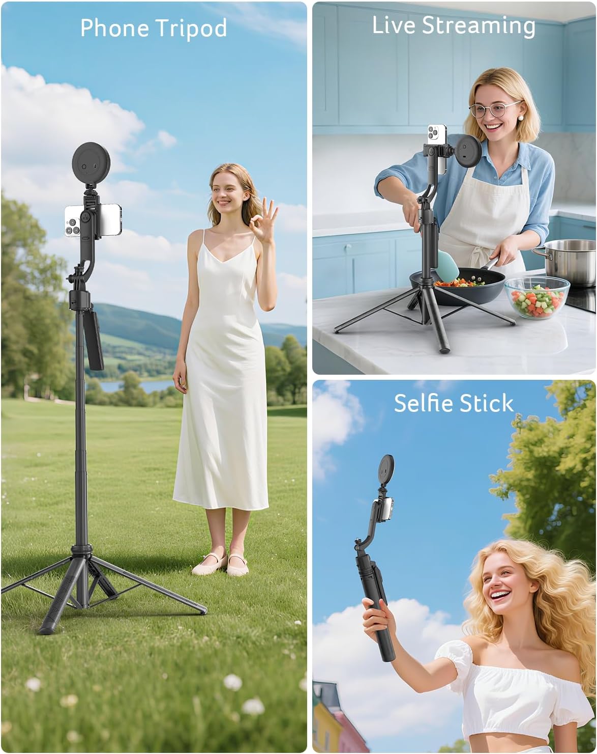 Acer Gadget Auto Face Tracking Tripod for iPhone/Cell Phone/Android/Camera with Light and Remote, 64", No App, 360°Rotating Tripod Selfie Stick for Tiktok YouTube Vlog Live Streaming Video Recording