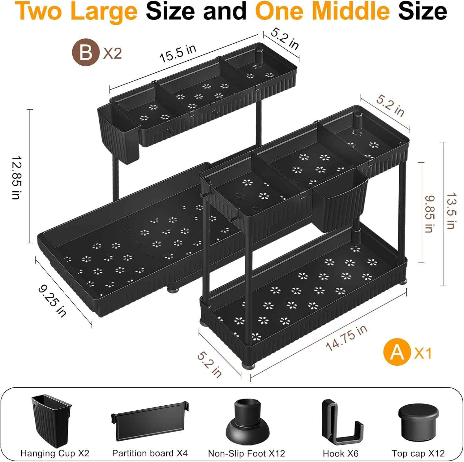 3 Pack Multi-Purpose Under Sink Organizers and Storage, 2026 L-Shaped Pull Out Cabinet Organizer for Bathroom & Kitchen, Under Cabinet Organizer with Hooks Hanging Cup, Black