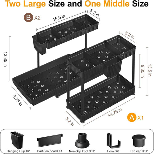 3 Pack Multi-Purpose Under Sink Organizers and Storage, 2026 L-Shaped Pull Out Cabinet Organizer for Bathroom & Kitchen, Under Cabinet Organizer with Hooks Hanging Cup, Black
