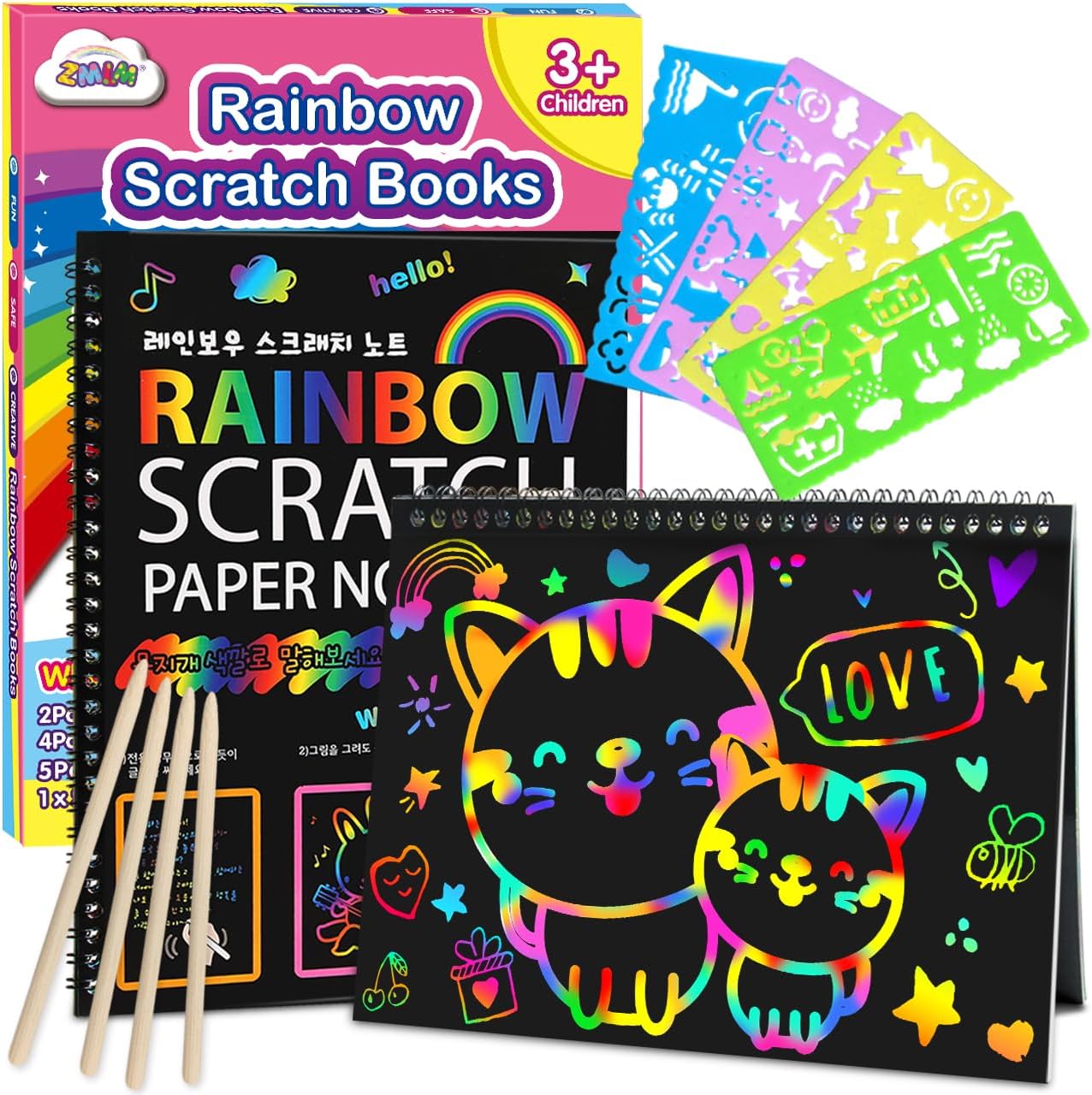 ZMLM Scratch Paper Art-Crafts Gift: 2 Pack Rainbow Notebooks Supplies Toys Easter Basket Stuffers for 3 4 5 6 7 8 9 10 Years Old Girls and Boys Kids Valentine's Day Birthday Party Travel Games (Pink)