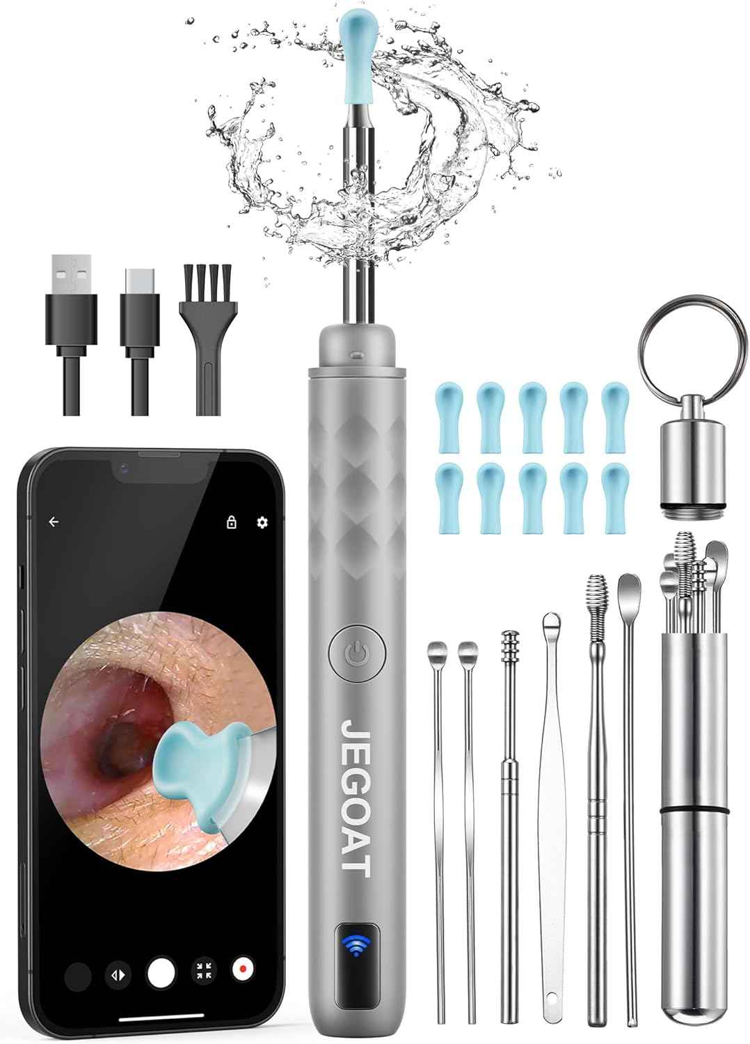 Jegoat Ear Wax Removal, Ear Wax Removal Tool Camera with 1296P HD Camera and 6 LED Lights, Ear Cleaner with 10 Ear Pick, Upgraded Ear Wax Removal Kit for iOS and Android, Black