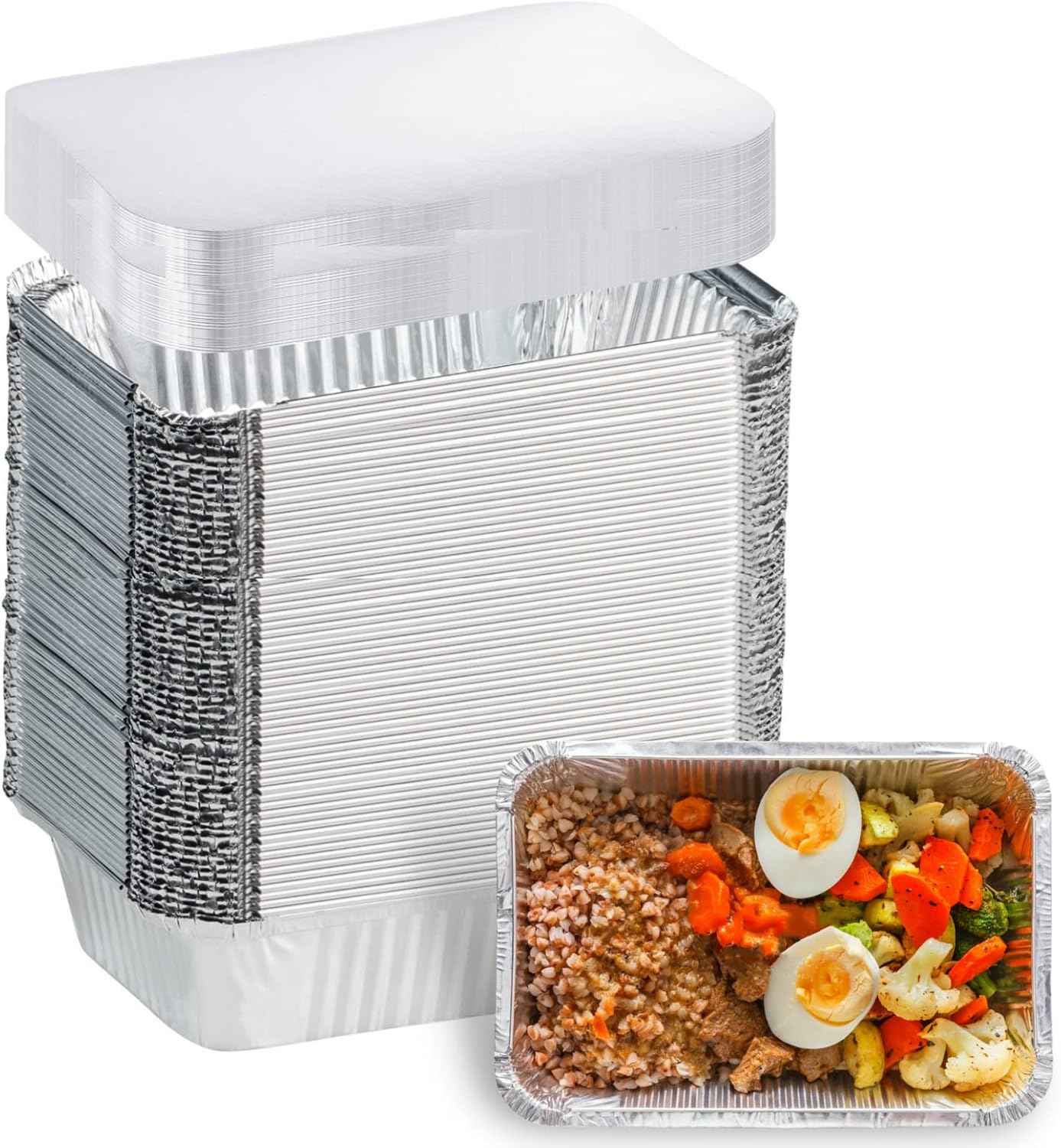 Aluminum Pans with Lids (50-Pack, 8.5"×6") 2.25 LB Capacity Foil Food Containers with Lids - 50 Pans and 50 Cardboard Covers - Disposable Tin Foil Pans - for Baking, Meal Prep and Freezer, Takeout