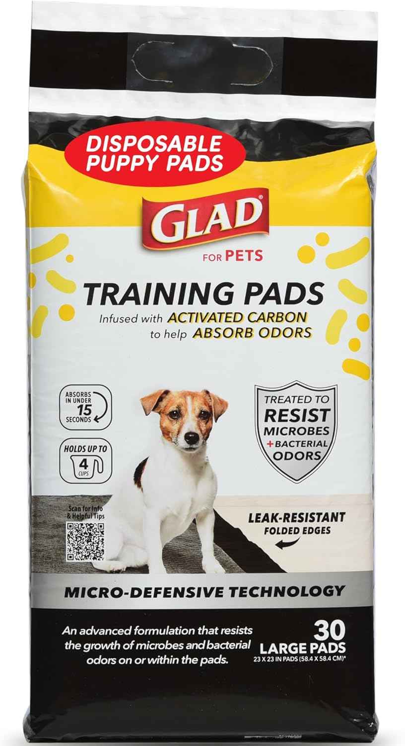 Glad for Pets Black Charcoal Puppy Training Pads with Odor Control and Pheromone Attractant, Leak Resistant Dog Potty Pads for House Training Puppies and Dogs, 23 x 23 in, 50 Count