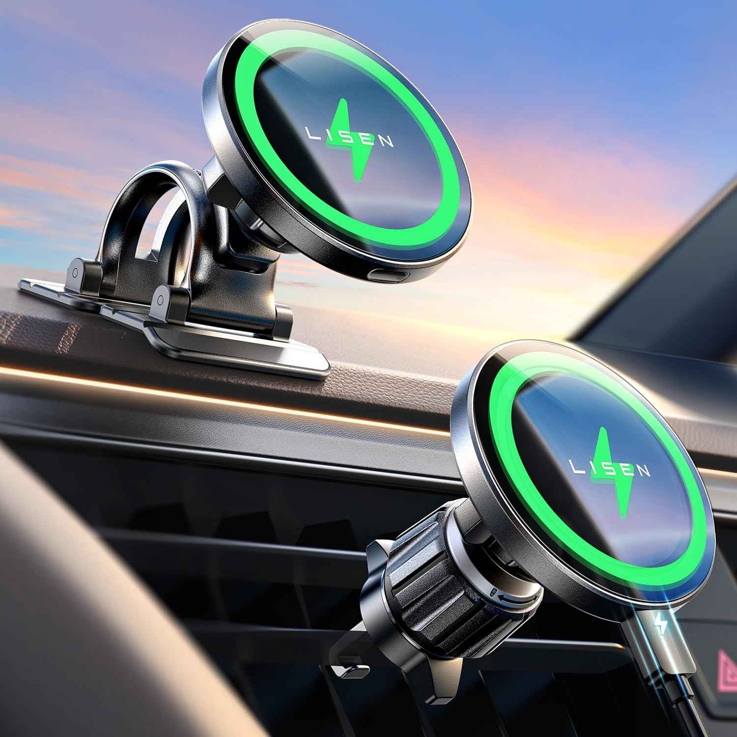 LISEN for 15W MagSafe Car Mount Charger,Magnetic Wireless Cars Charger,Magnetic Phone Holder for Cars,Phone Holders for Your Car Accessories for Men Women Jeep Ford F150 for iPhone 17-12,Samsung,Pixel