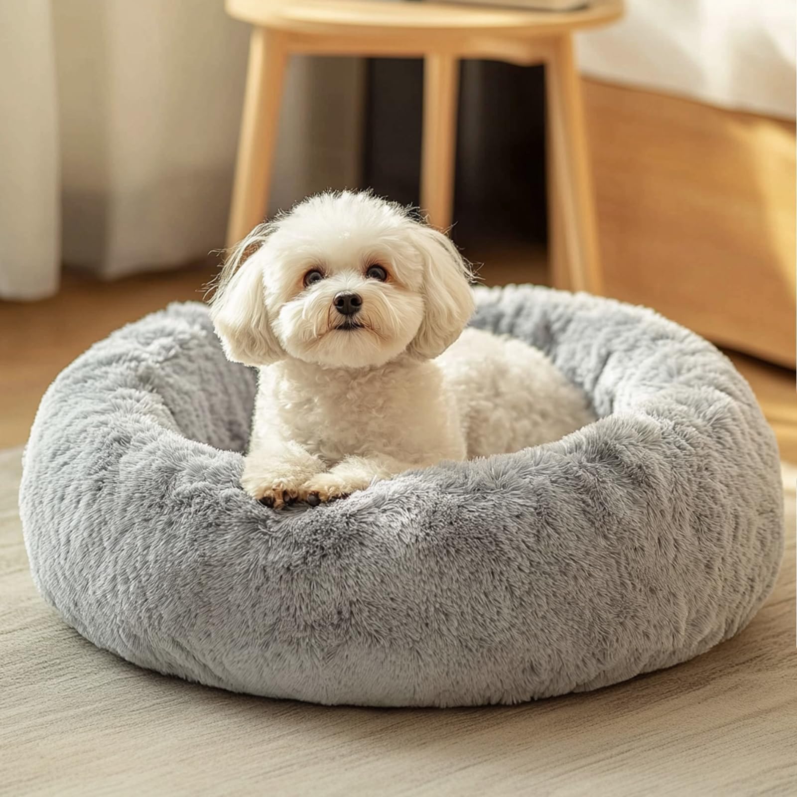 jollyvogue calming anti-anxiety pet bed for small dogs and cats, 20-inch fluffy donut cushion