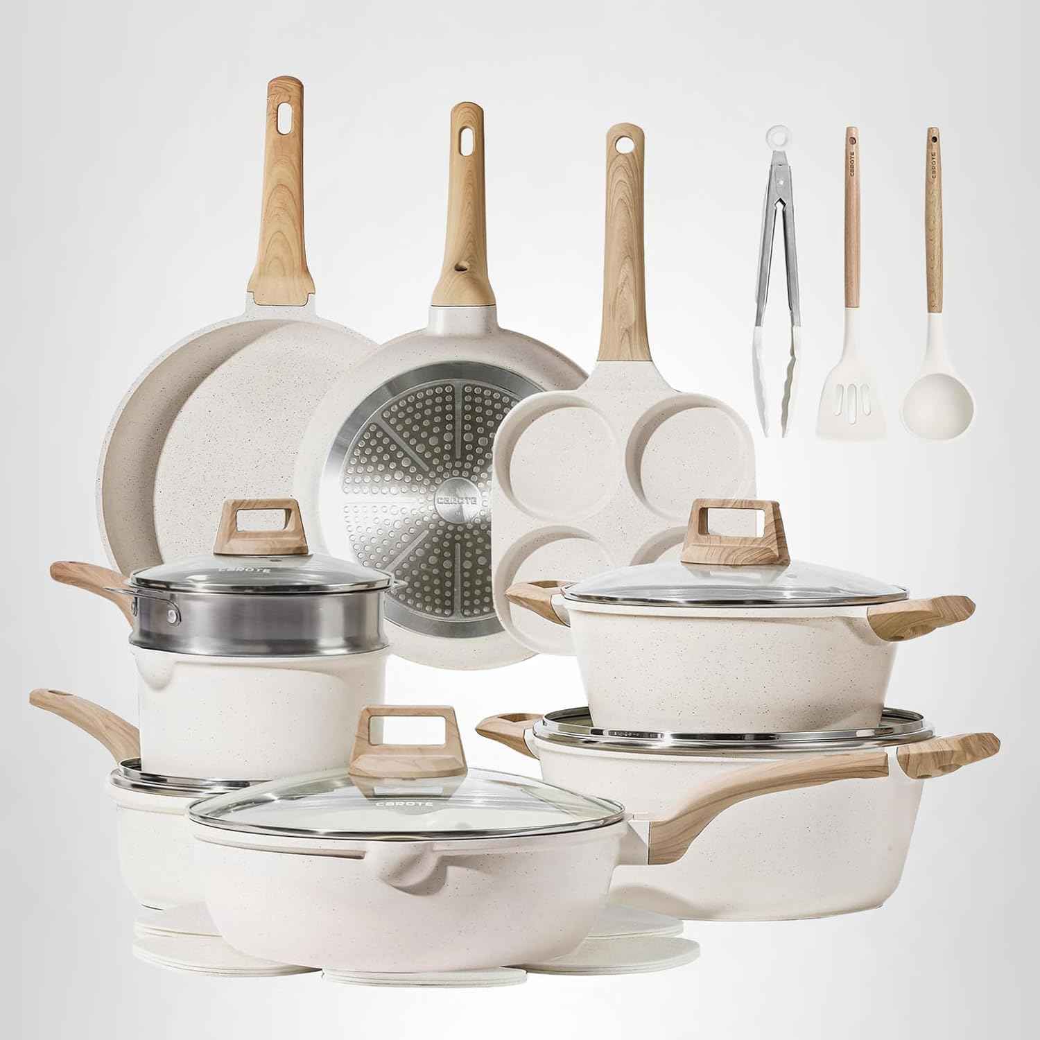 CAROTE 21Pcs Pots and Pans Set, Nonstick Cookware Sets, White Granite Induction Cookware Non Stick Cooking Set w/Frying Pans & Saucepans(PFOS, PFOA Free)