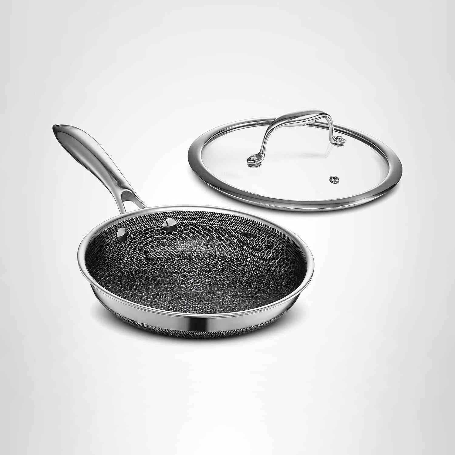 HexClad Hybrid Nonstick 8-Inch Frying Pan with Tempered Glass Lid, Stay-Cool Handle, Dishwasher-Friendly, Oven-Safe Up to 900°F, Induction Ready, Compatible with All Cooktops