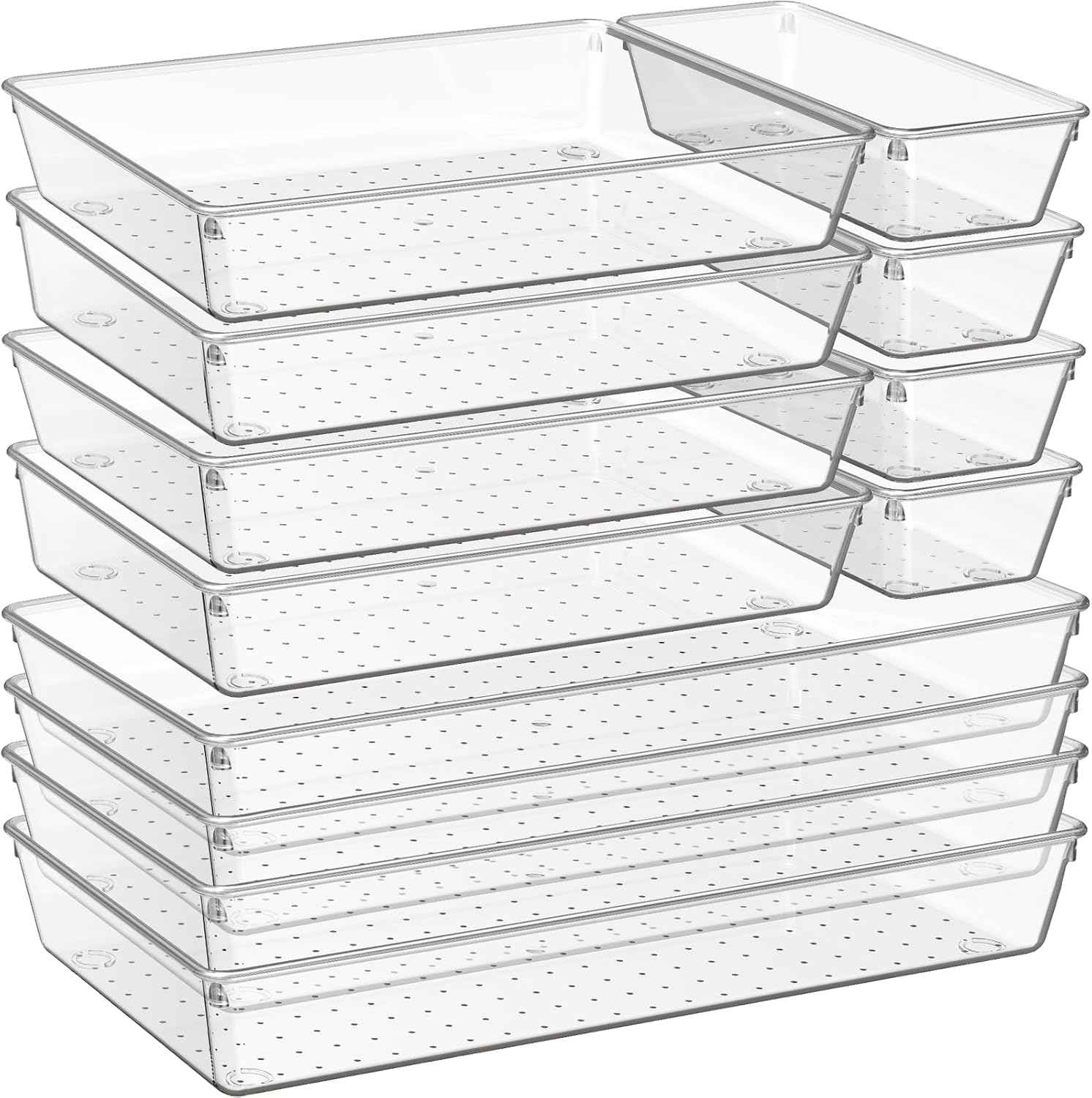 6 Pack Large Clear Plastic Drawer Organizer Trays, Acrylic Kitchen Drawer Organization and Storage Dividers, Non-Slip Storage Bins for Makeup, Kitchen Utensils, Bathroom, Jewelries and Office Desk