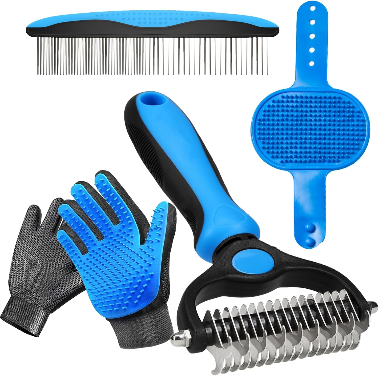 Pet Hair Removal Gloves for Dogs and Cats - 2-in-1 Deshedding Brush Massage Mitt for Shedding Control and Safe Pet Grooming 2-Pack (Blue)