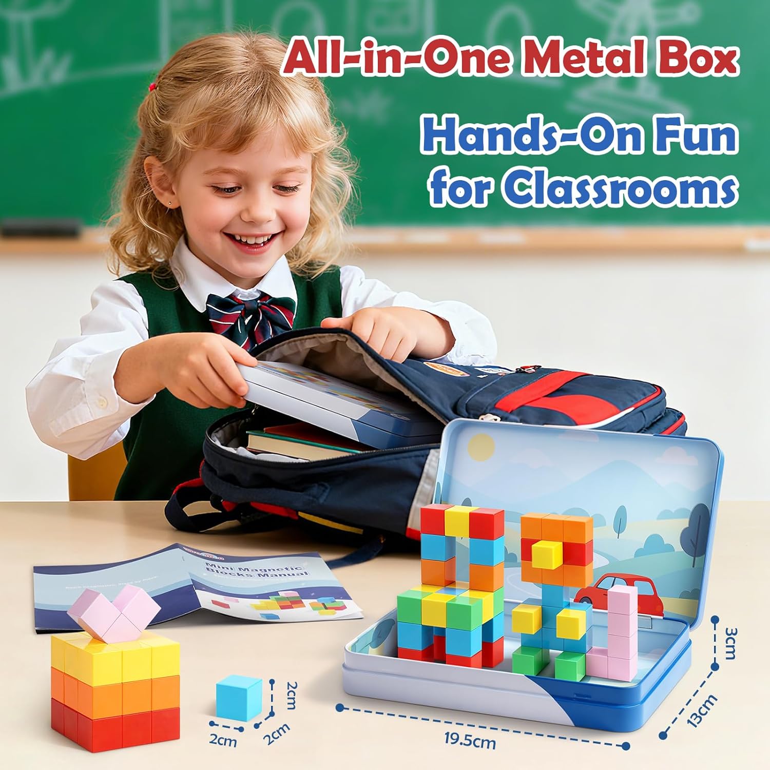 52 PCS Magnetic Blocks with Metal Box, 0.8in Mini Building Cubes Protable Travel Airplane Classroom Toys for Kids Ages 3+, STEM Educational Building Set for Toddlers Boys & Girls Birthday Gifts