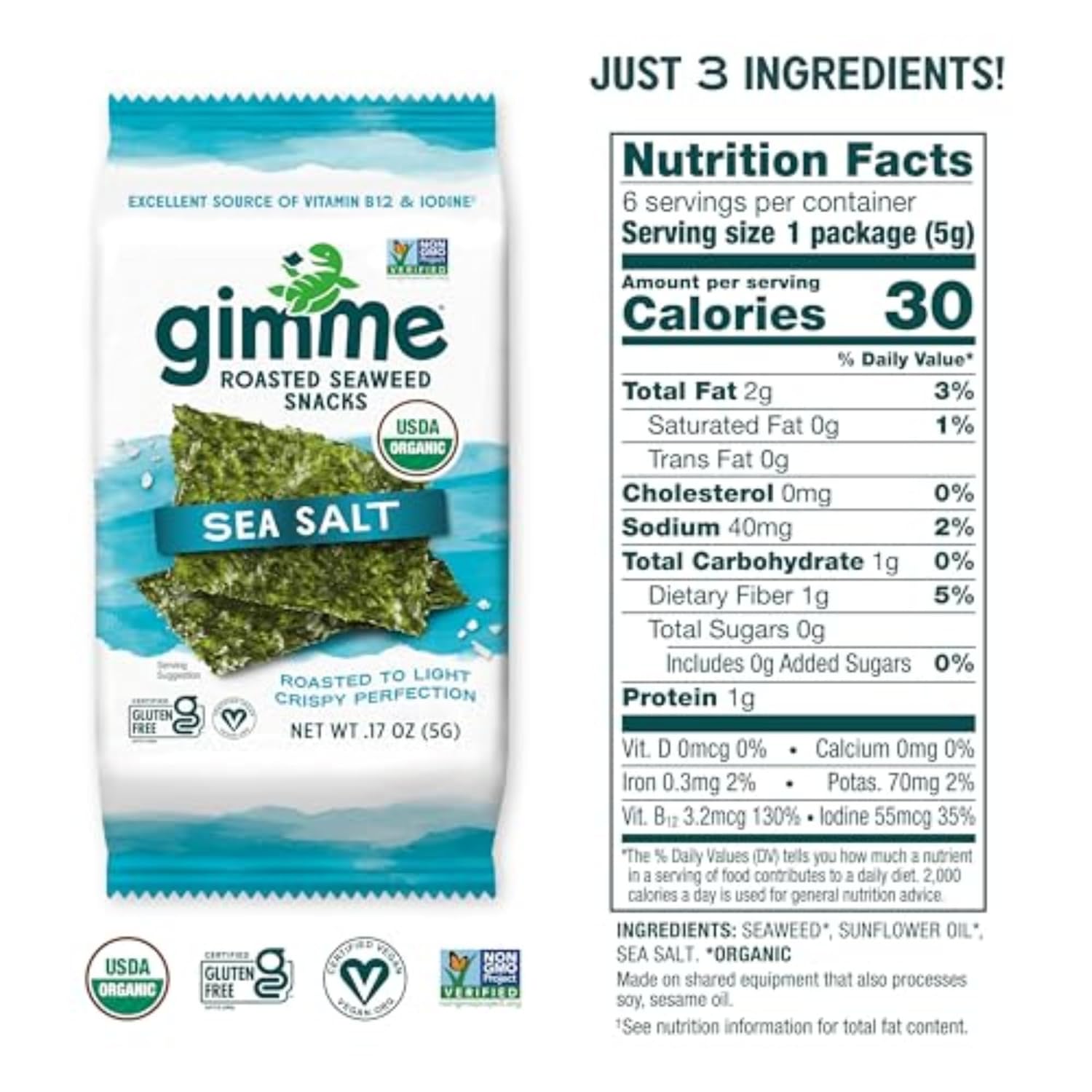 Gimme Seaweed Organic Roasted Seaweed Snacks Sea Salt 6 Count Keto Vegan Gluten-Free Healthy Snack