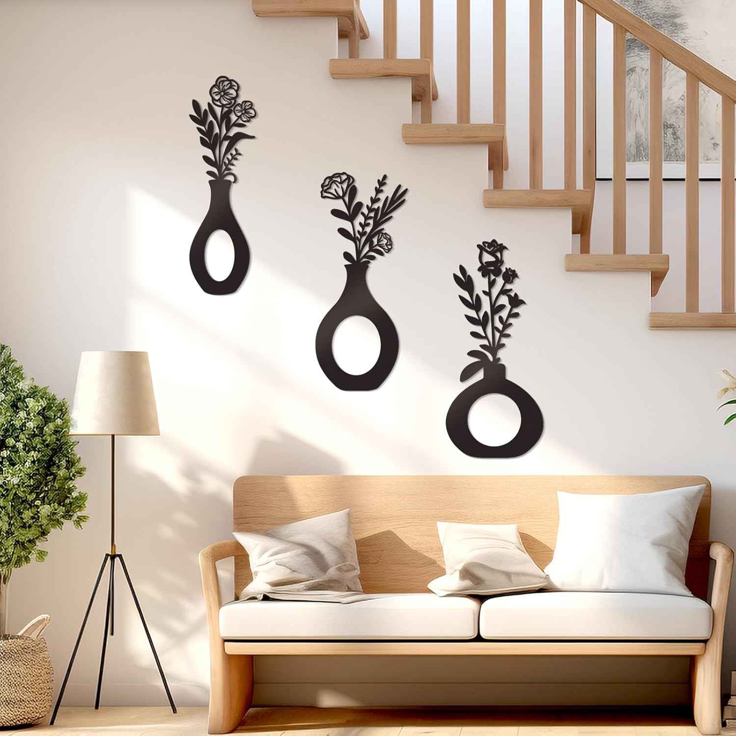 3 Pcs Black Flowers and Vases Decor Metal Flower Wall Decoration Metal Vase Wall Art Floral Home Decor Minimalist Art for Home Living Room Bathroom Dining Room (Modern)