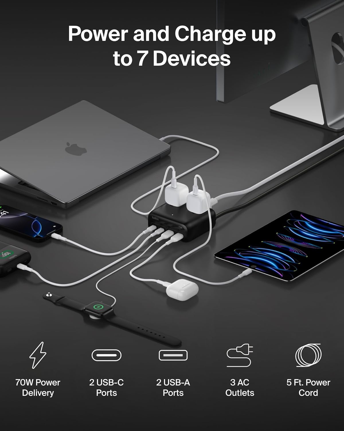 Belkin GaN Charging Station 70W, 7-in-1 Dual USB C Charger w/ 3x AC Outlets, 2x USB A Ports, Power Strip, iPhone Charger Fast Charging, Apple Watch, iPad, MacBook, Chromebook, Samsung Galaxy, Pixel 10
