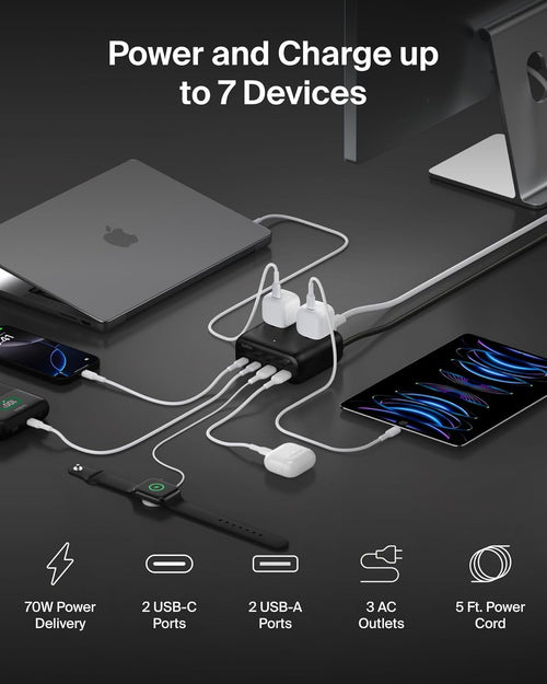 Belkin GaN Charging Station 70W, 7-in-1 Dual USB C Charger w/ 3x AC Outlets, 2x USB A Ports, Power Strip, iPhone Charger Fast Charging, Apple Watch, iPad, MacBook, Chromebook, Samsung Galaxy, Pixel 10