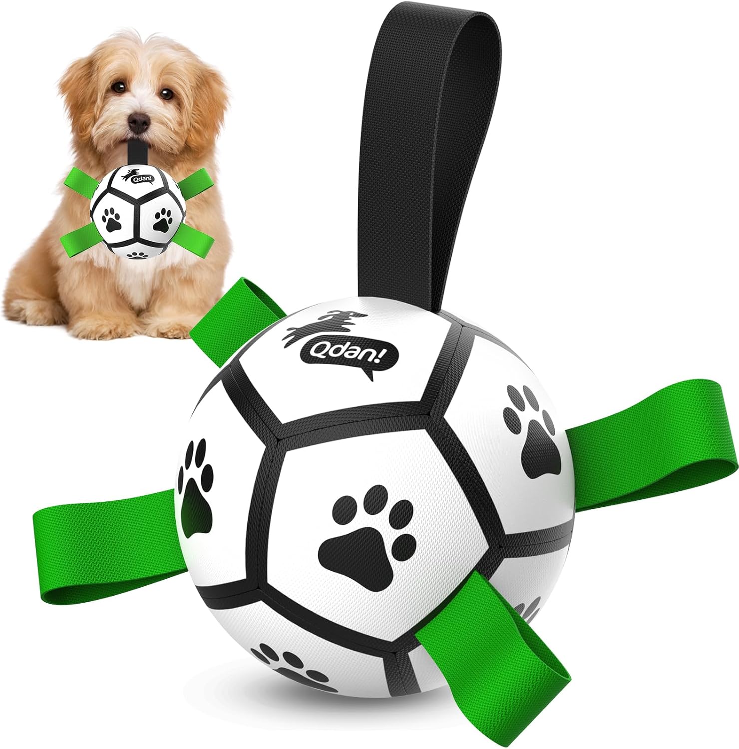 Qdan dog toys 6 inch world cup dog soccer ball with straps for small medium pet outdoor play