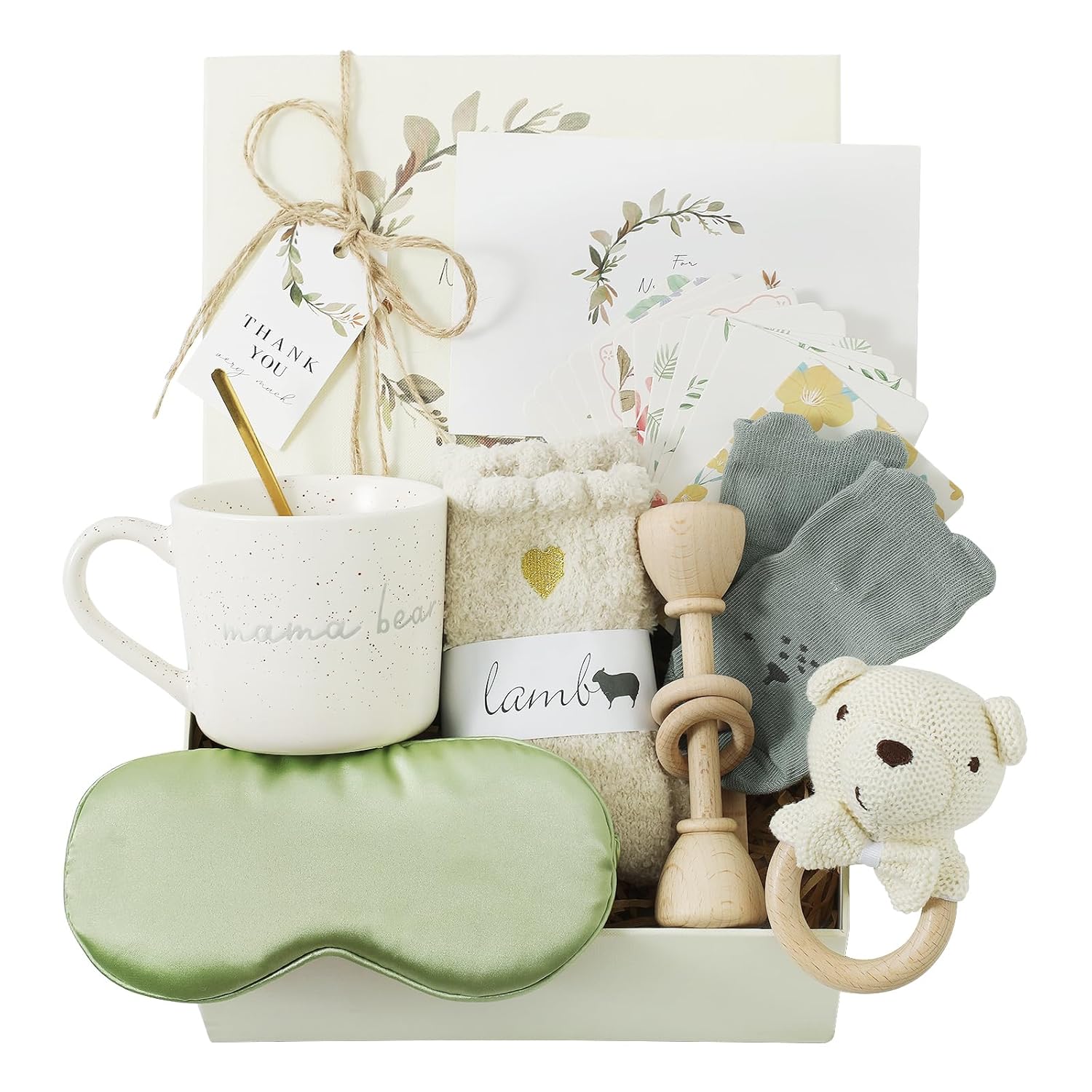 Mama Bear Pregnancy & Baby Shower Gifts Care Package - Eye Mask, Baby Rattle & Mug for New Mom