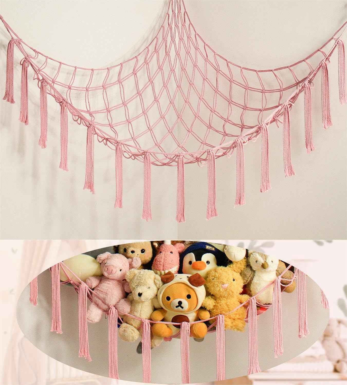 Stuffed Animal Hammock Corner Storage Net Cute Preppy Trendy Stuff Gifts for Teen Girls Baby Room Living Room House Wall Nursery Decor Rainbow Color Colorful Unicorn Hanging Organizers Organization