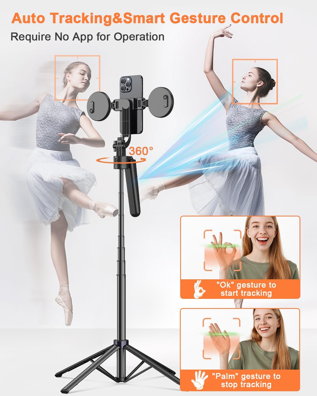 Yeaki 71” Auto Face Tracking Tripod for iPhone with Light,360° Rotating Phone Stand with Rechargeable Remote Control for TikTok Vlog Video Recording, Phone Tripod for Android Camera/GoPro/Ring Light