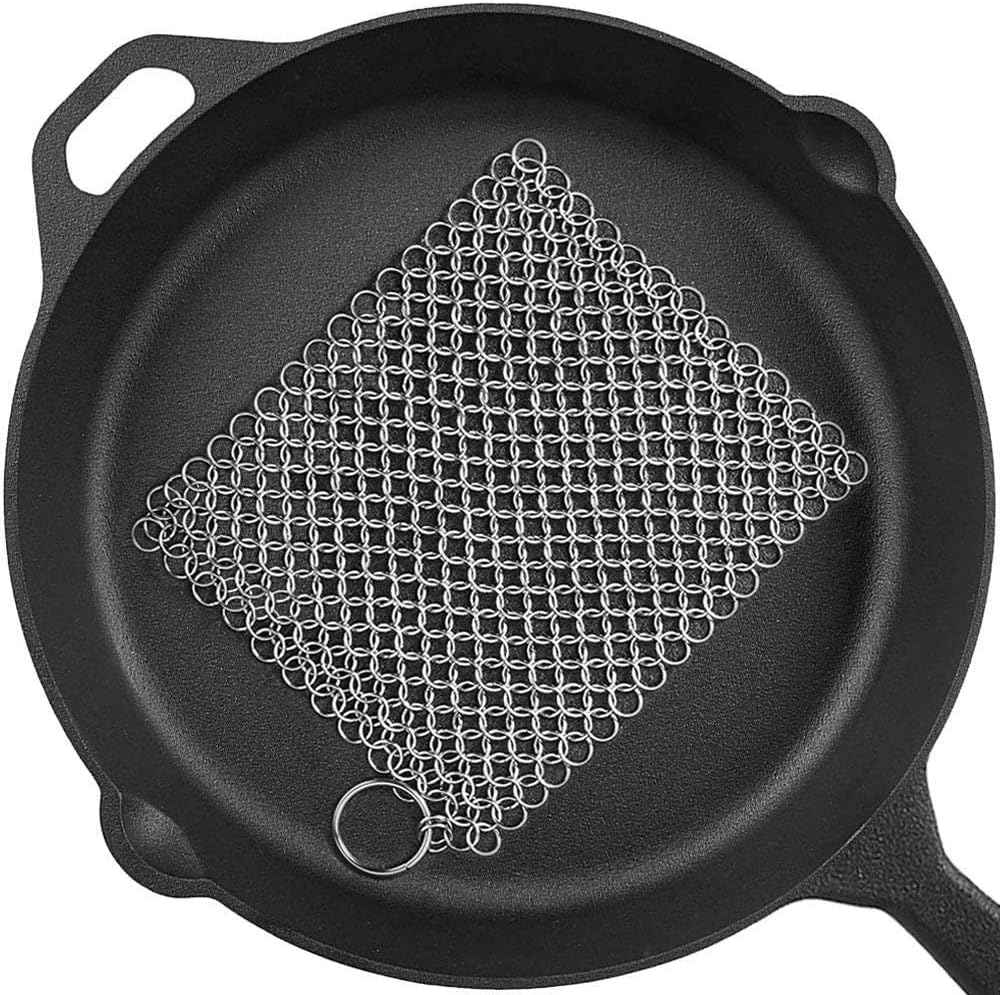 PIBC Cast Iron Cleaner 8"x6" 316L Stainless Steel Chainmail Scrubber for Griddle Skillet Dutch Oven Wok Stainless Steel Pot Cast Iron Pan