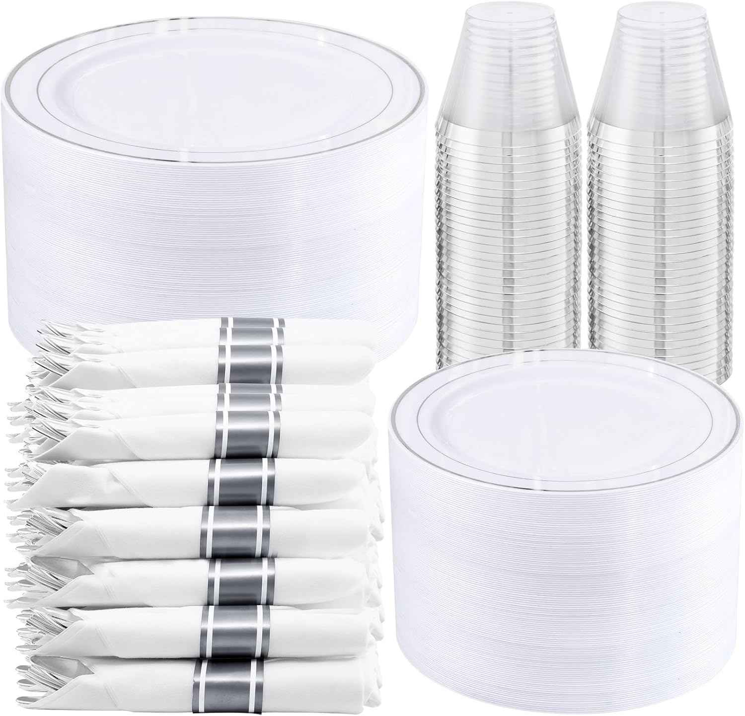 WELLIFE 700 Pieces Gold Plastic Dinnerware Set for 100 Guests - Includes Plates, Cups, Napkins, and Disposable Cutlery - Elegant White & Gold Design, Perfect for Parties and Events