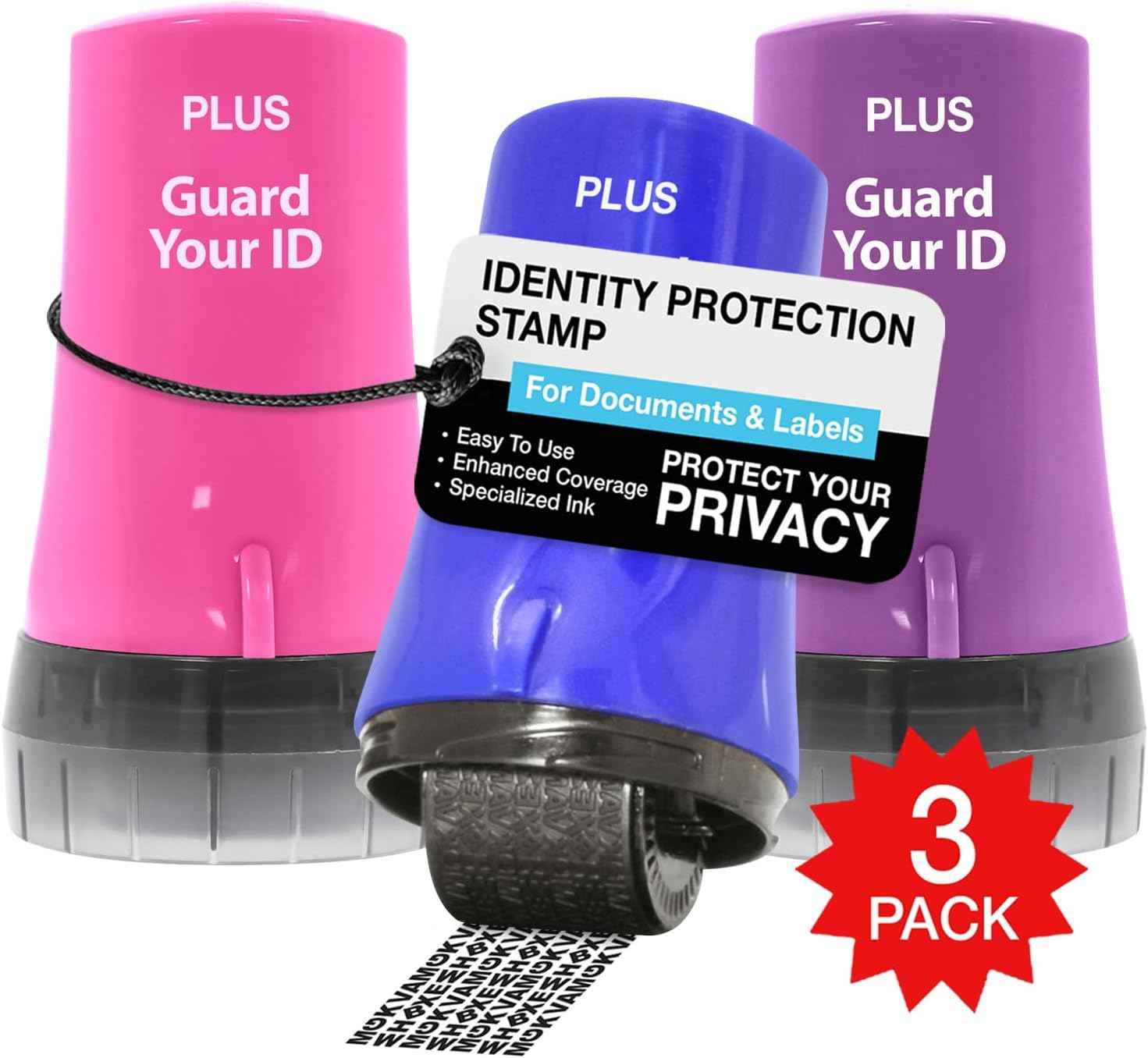 Guard Your ID Advanced 2.0 Roller 3-Pack for Identity Theft Protection, Confidential Security Stamp Mixed Color Kit (Turquoise, Green, White)
