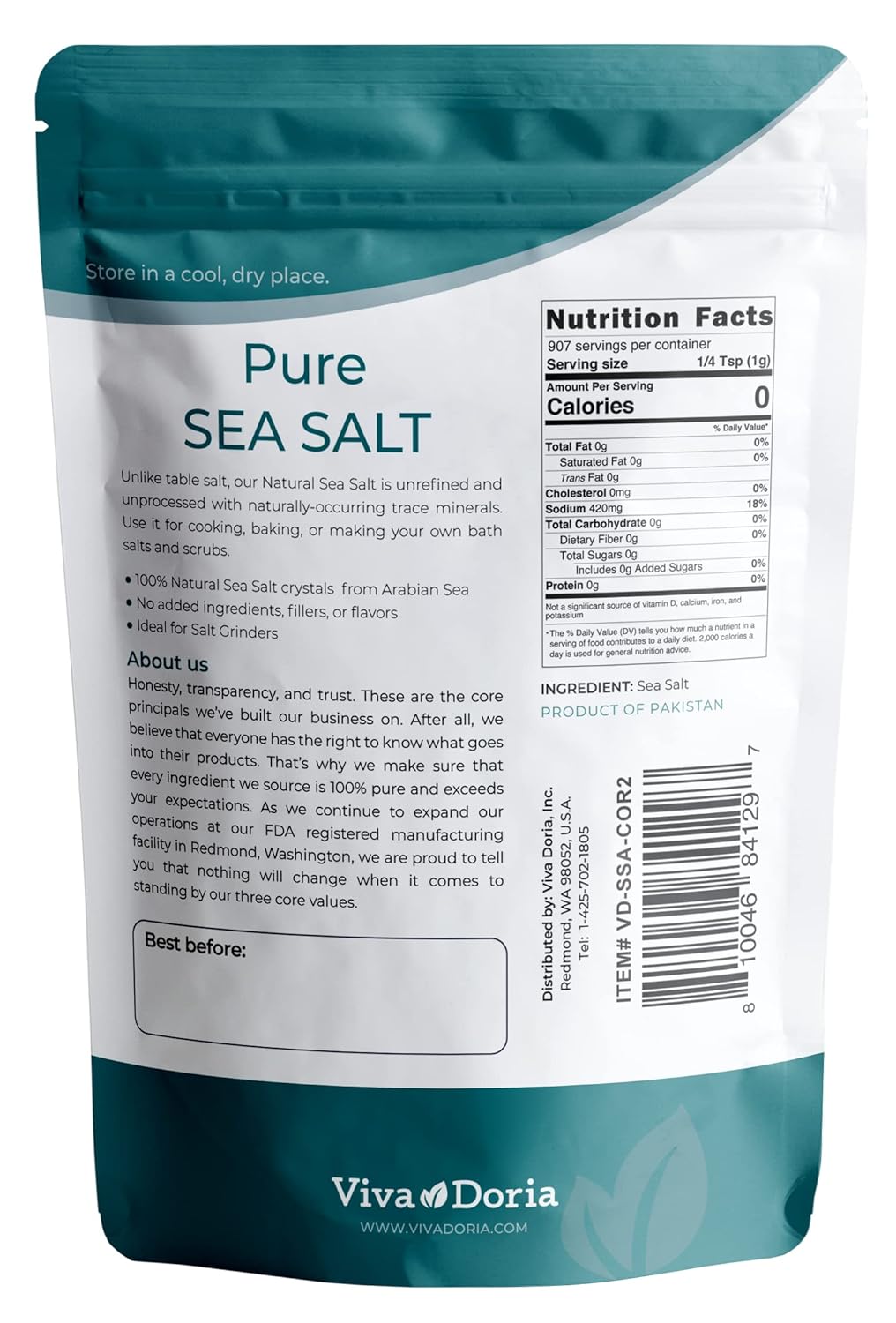 Viva Doria pure sea salt coarse grain 2 lb ideal for salt grinders