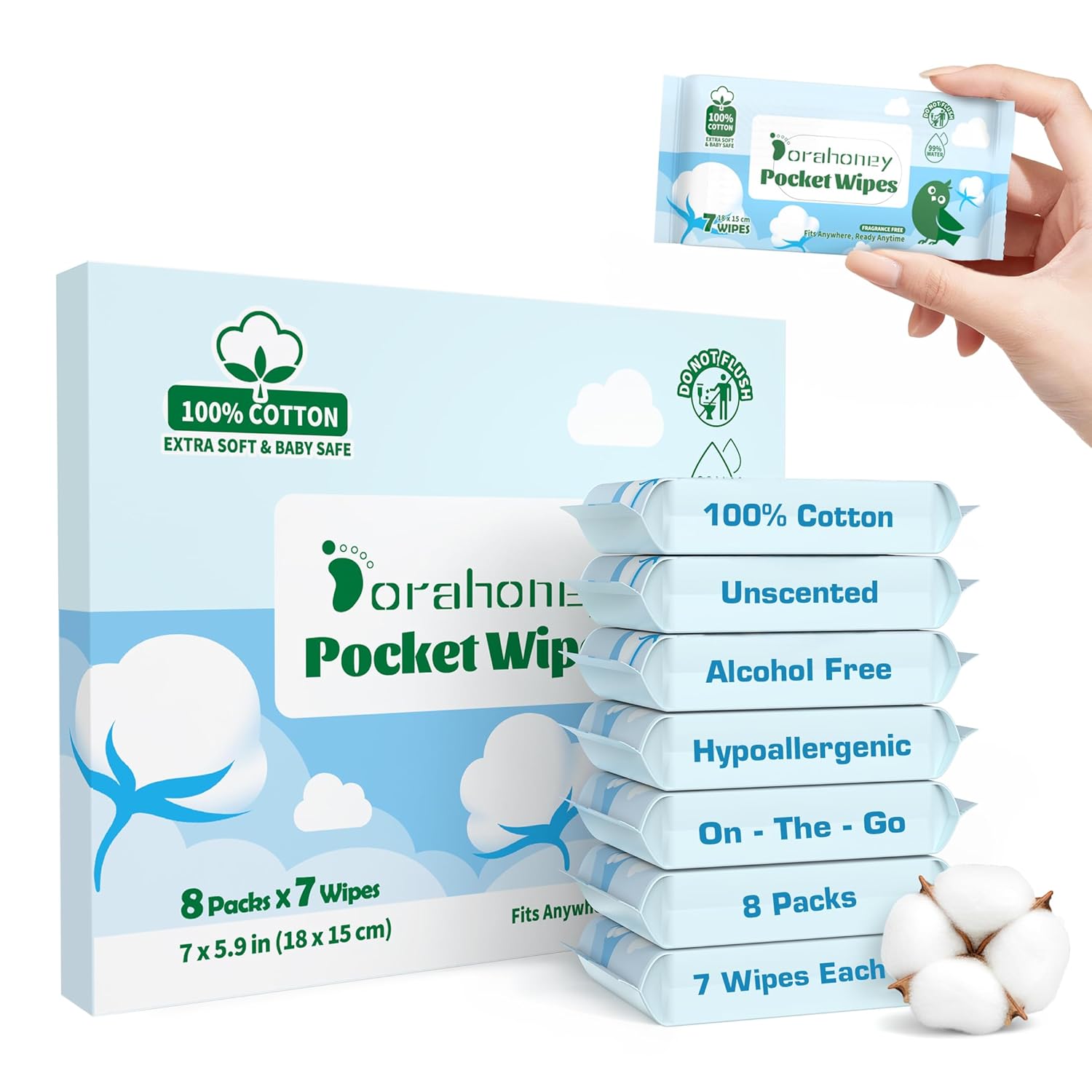 100% Cotton, 99% Purified Water, Hypoallergenic Mini Wet Wipes, Unscented, 56 Count for Travel Essentials