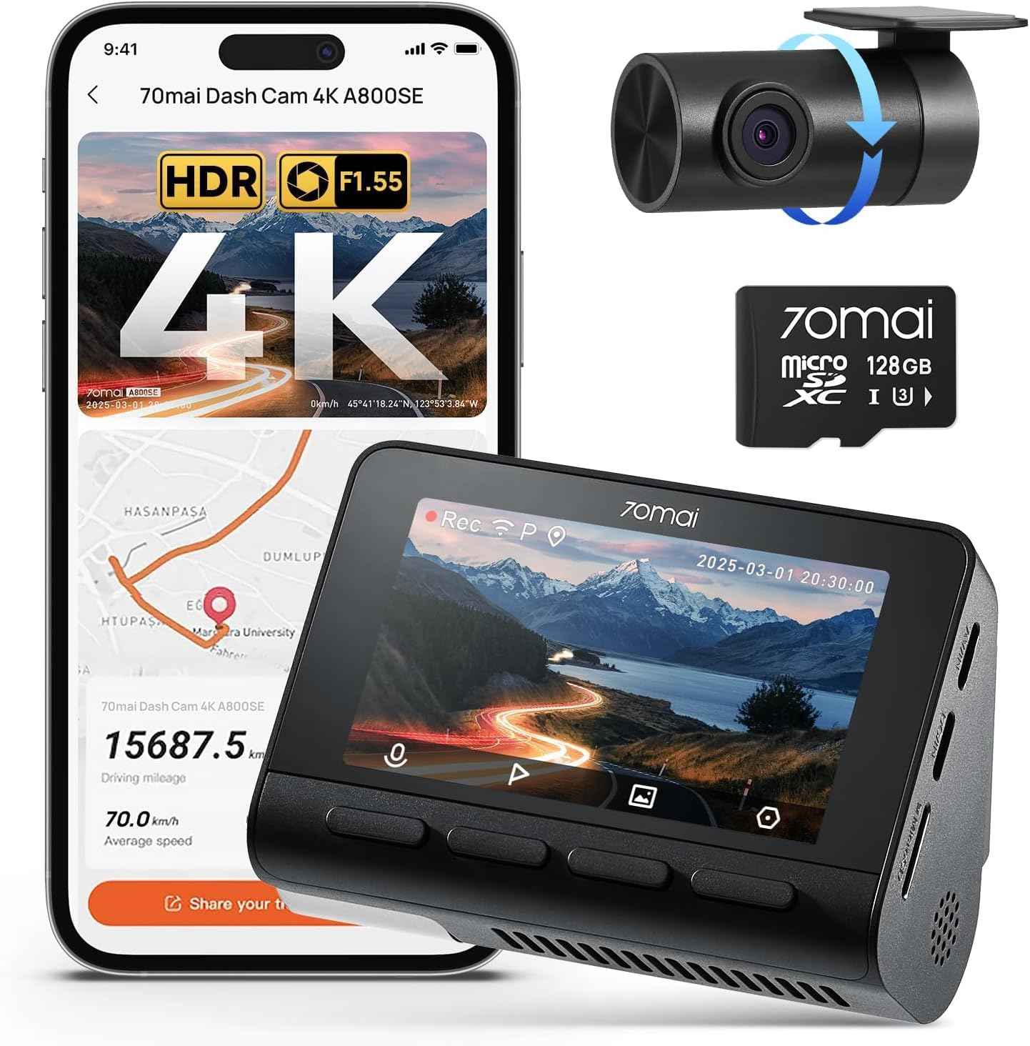 70mai 4K Dash Cam Front and Rear with STARVIS, Built in 5GHz WiFi & GPS Car Camera, Super Night Vision, ADAS, 3'' IPS Screen, 24H Parking Mode, Time-Lapse, Loop Recording, Support 256GB Max (A800S)