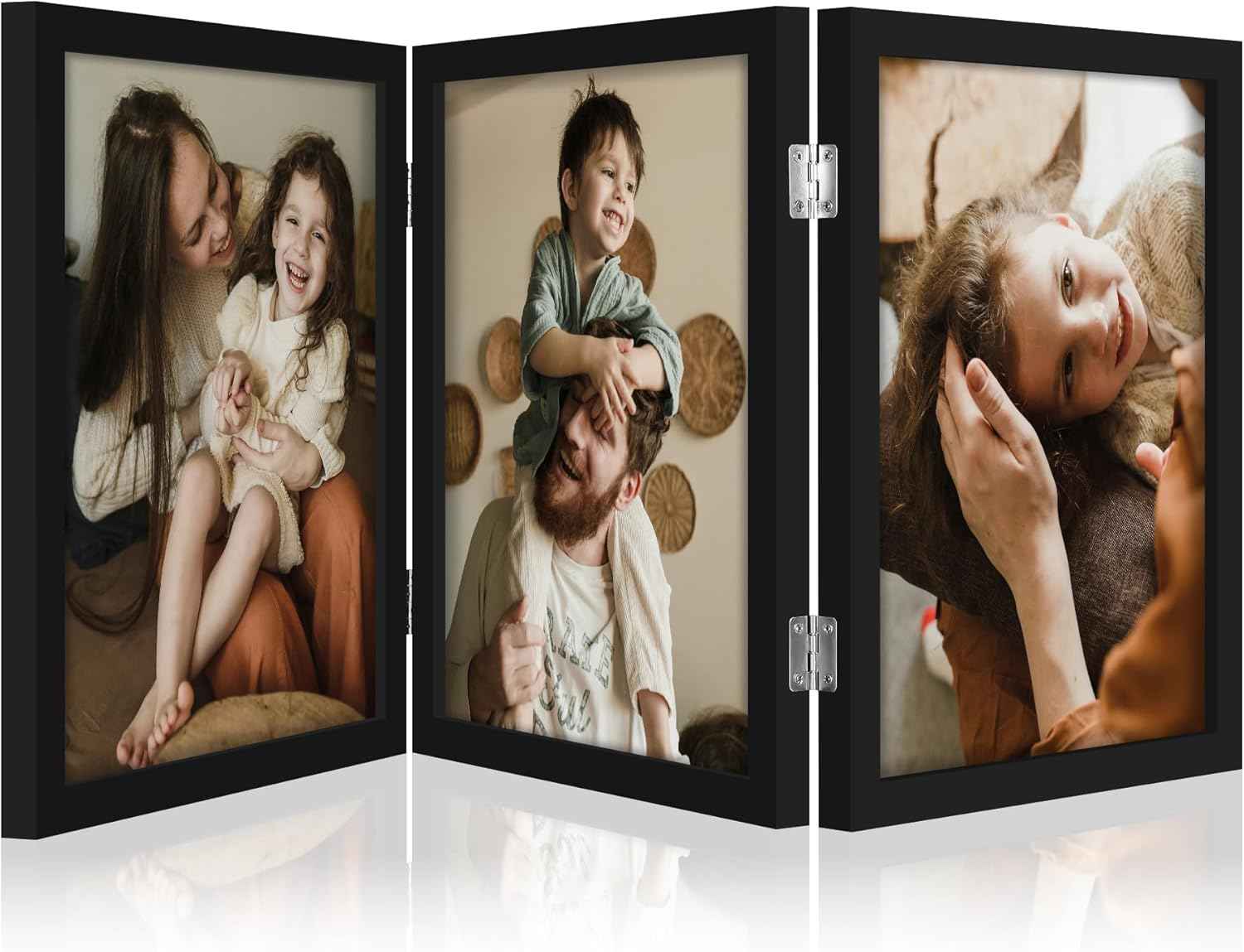 decorUhome Triple 4x6 Picture Frame Vertical, Engineered Wood Trifold Photo Frame with Plexiglass for Tabletop Display, 4x6, Black